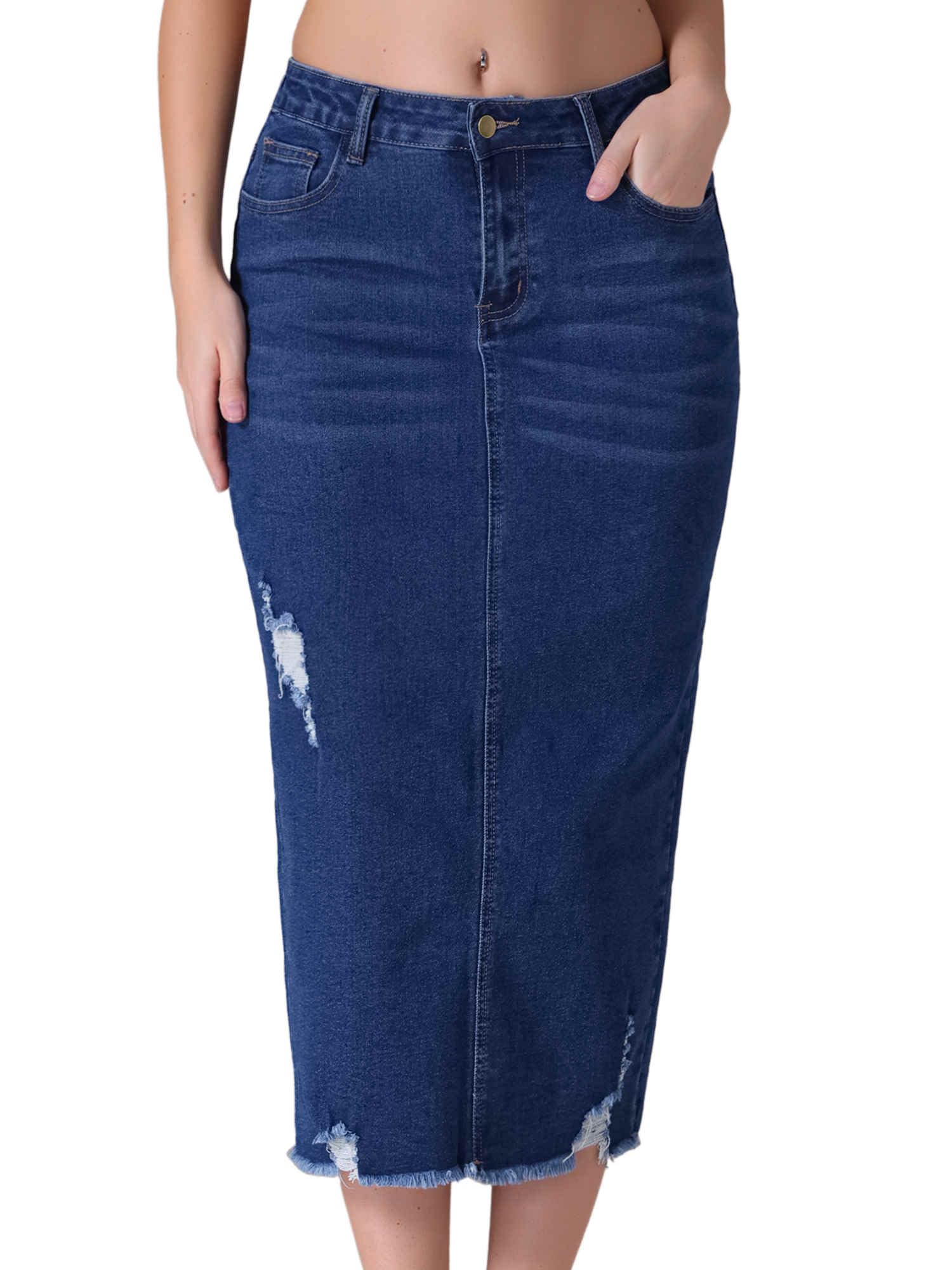 Womens Denim Skirt High Waisted Stretch Ripped Raw Hem Split Casual Midi Pencil Skirt Jean Skirts