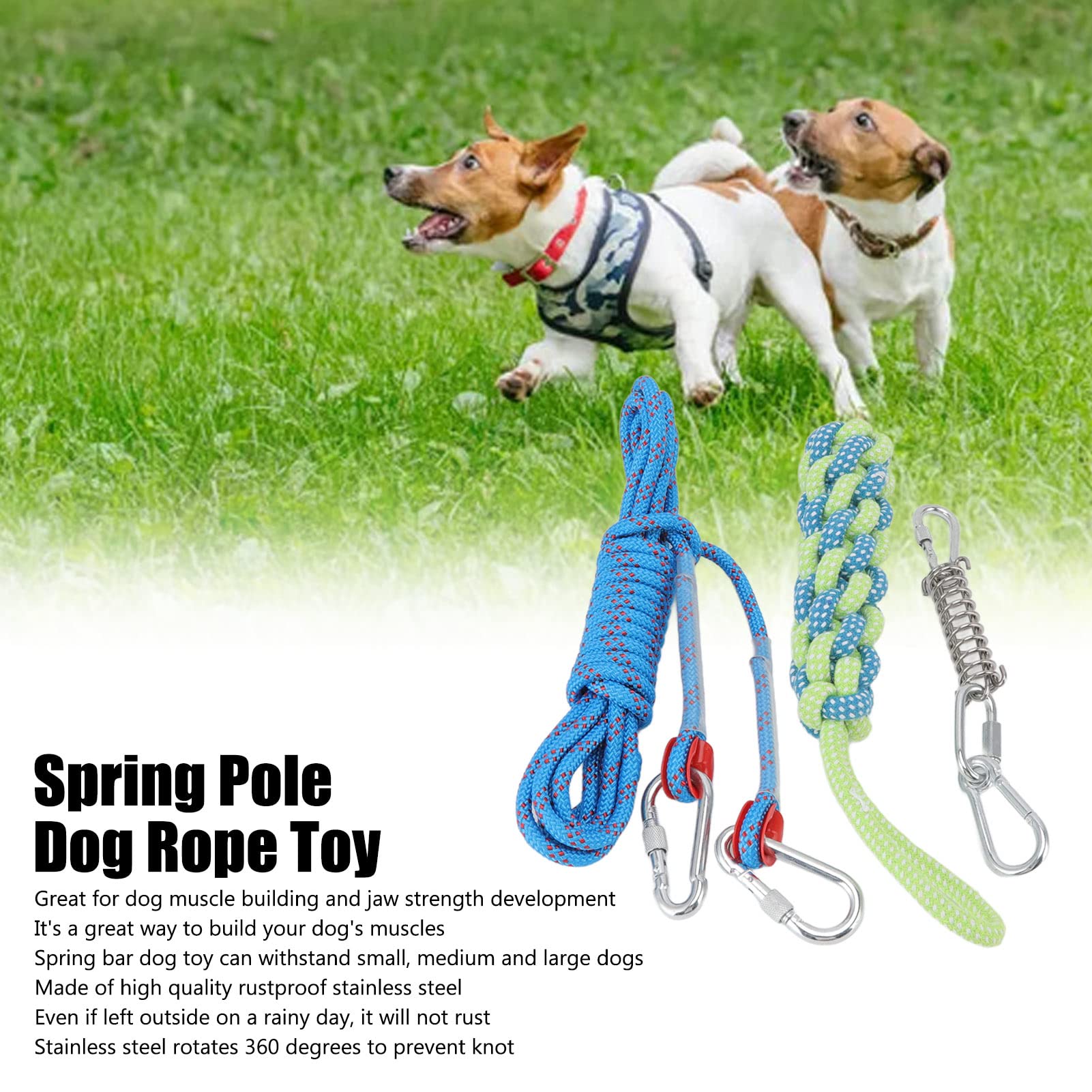 Dog Spring Pole Rope Toy Muscle Builder Interactive Dog Hanging Rope Toy for Small Medium Large Dogs Outdoor Yard Stainless Steel Rod