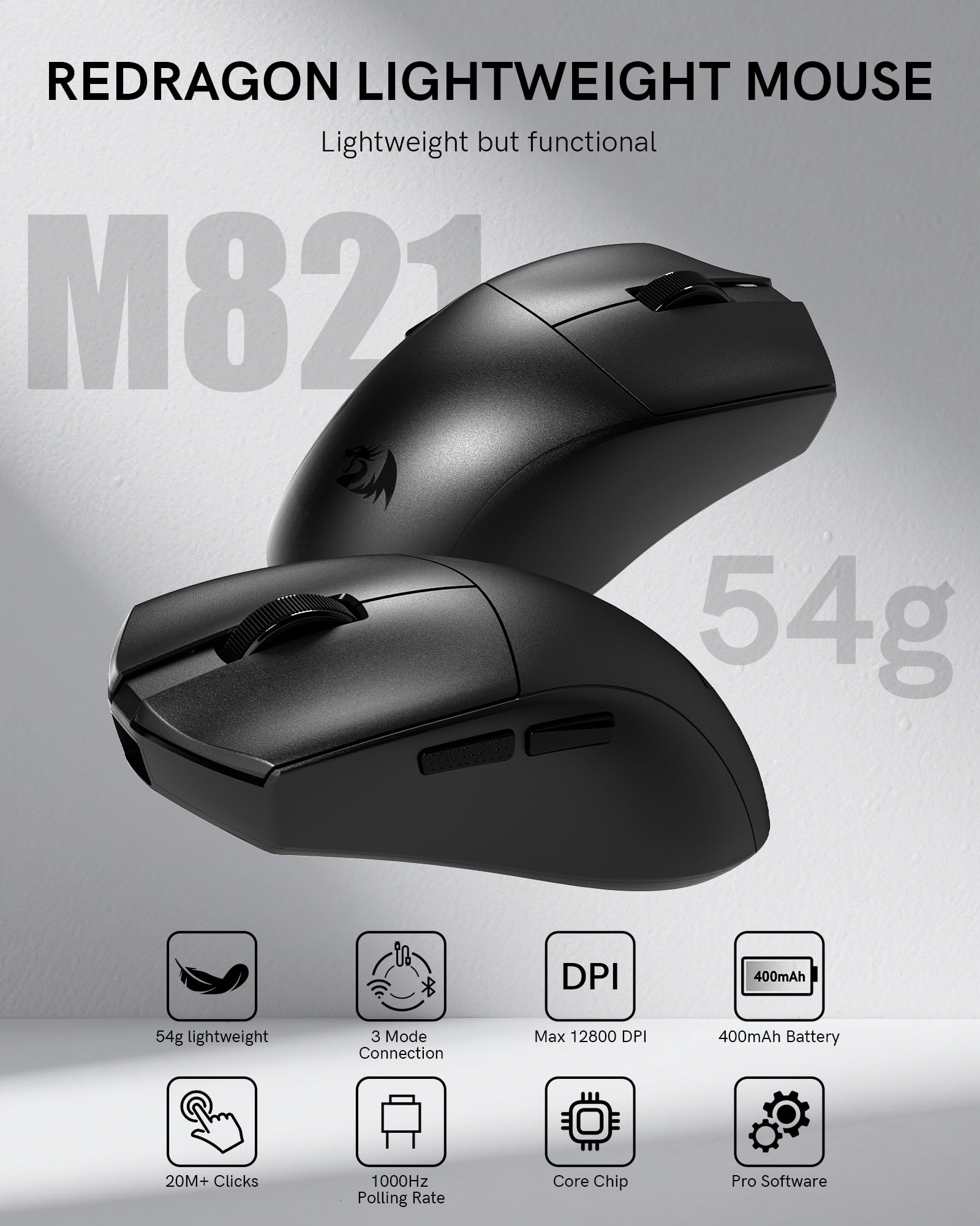 Redragon M821-AIR - Mouse da gioco wireless, Tri-Mode 2.4G/USB C cablato/Bluetooth, mouse da gioco per PC, laptop, Mac, Windows, leggero, fino a 128000 DPI regolabile, 7 pulsanti macro programmabili
