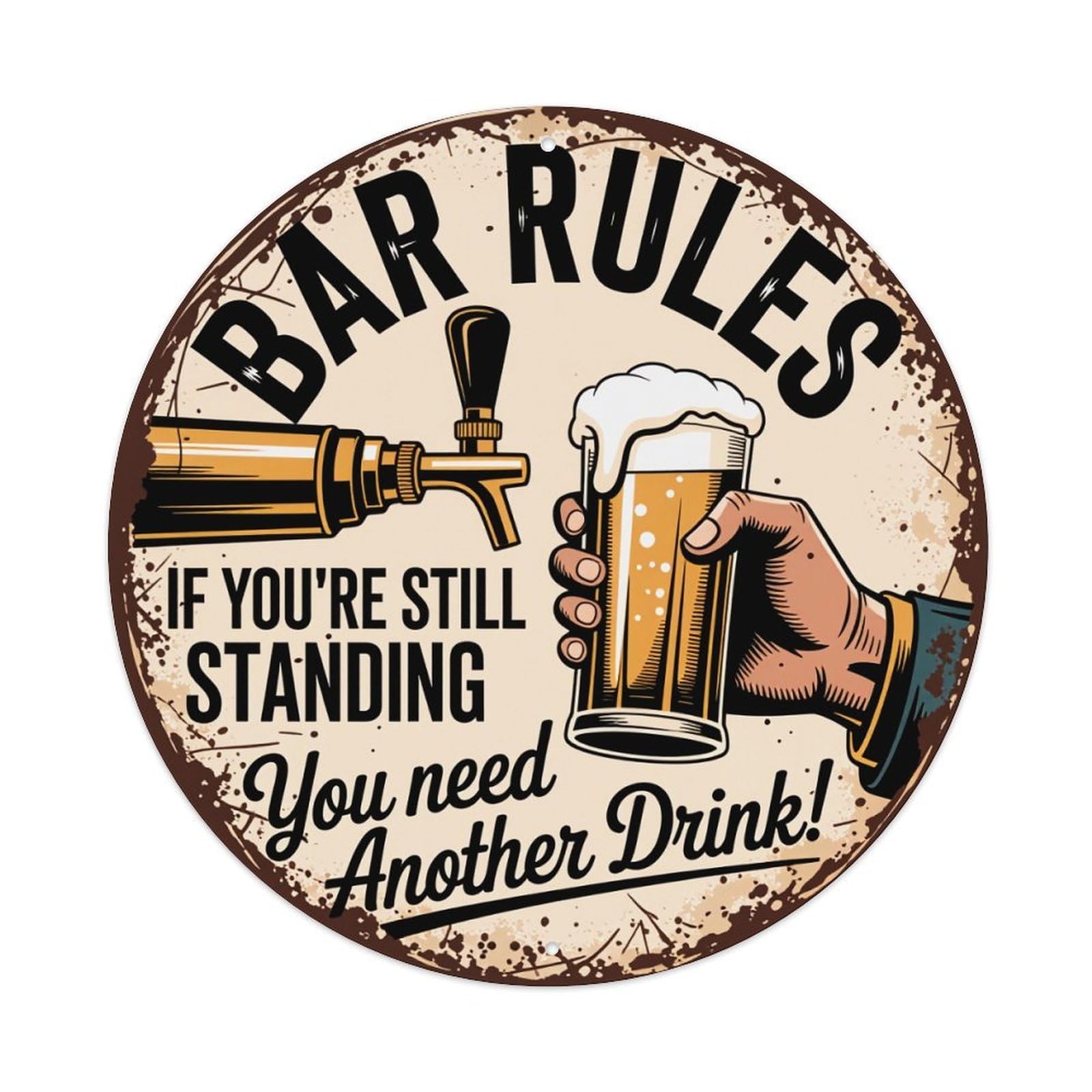 Bar Rules Beer Tap Hand Glass Round Tin Sign Vintage Metal Poster Retro Bar, Home, Man Cave, Kitchen, Laundry Room Wall Art Decor Gift 8x8Inch