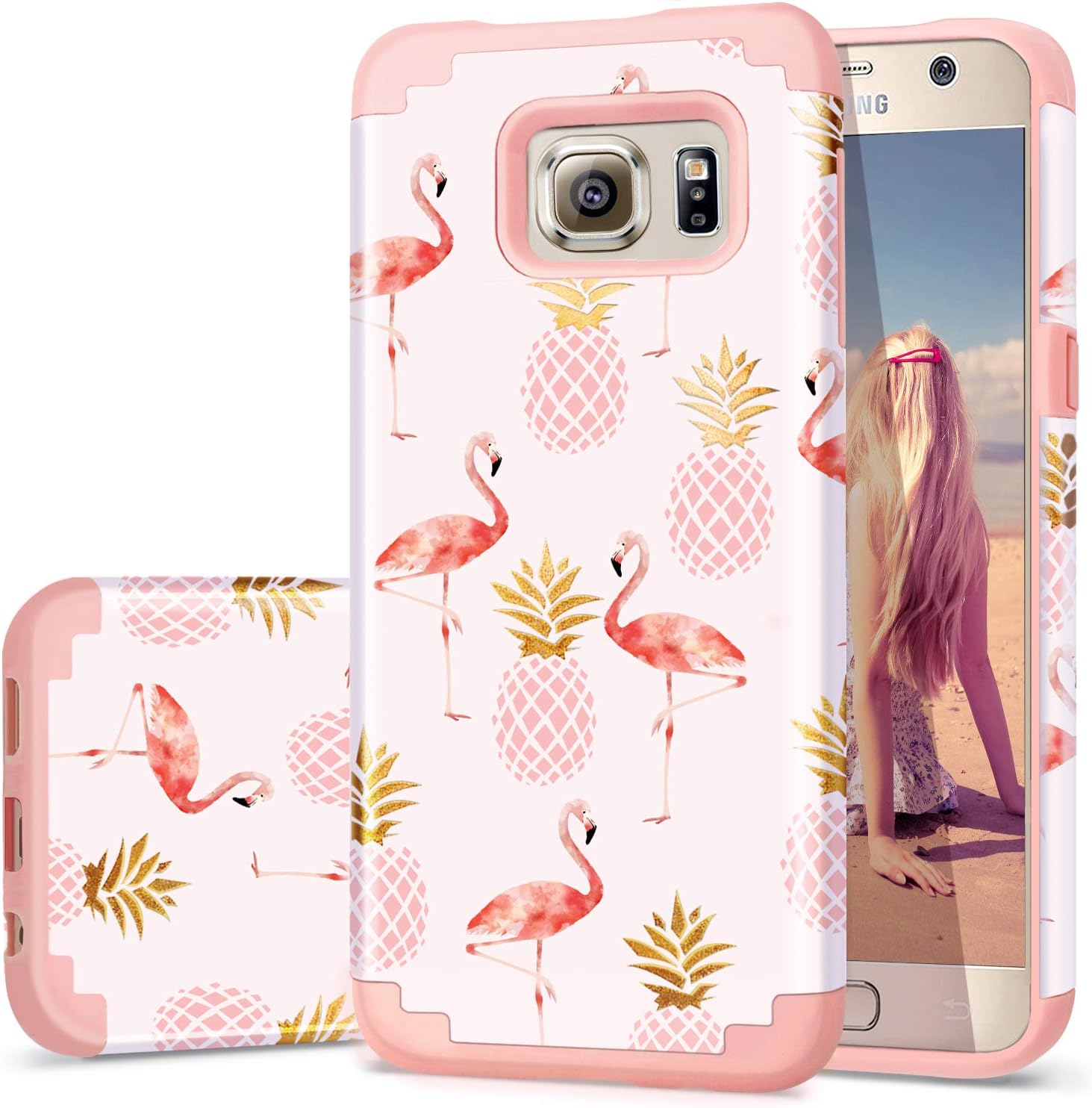 Fingic Samsung Galaxy S6 Case, S6 Case Pineapple Flamingos Pattern Cute Case Hybrid Hard PC Soft Silicone Case for Girls Cover for Samsung Galaxy S6, Pink Flamingos