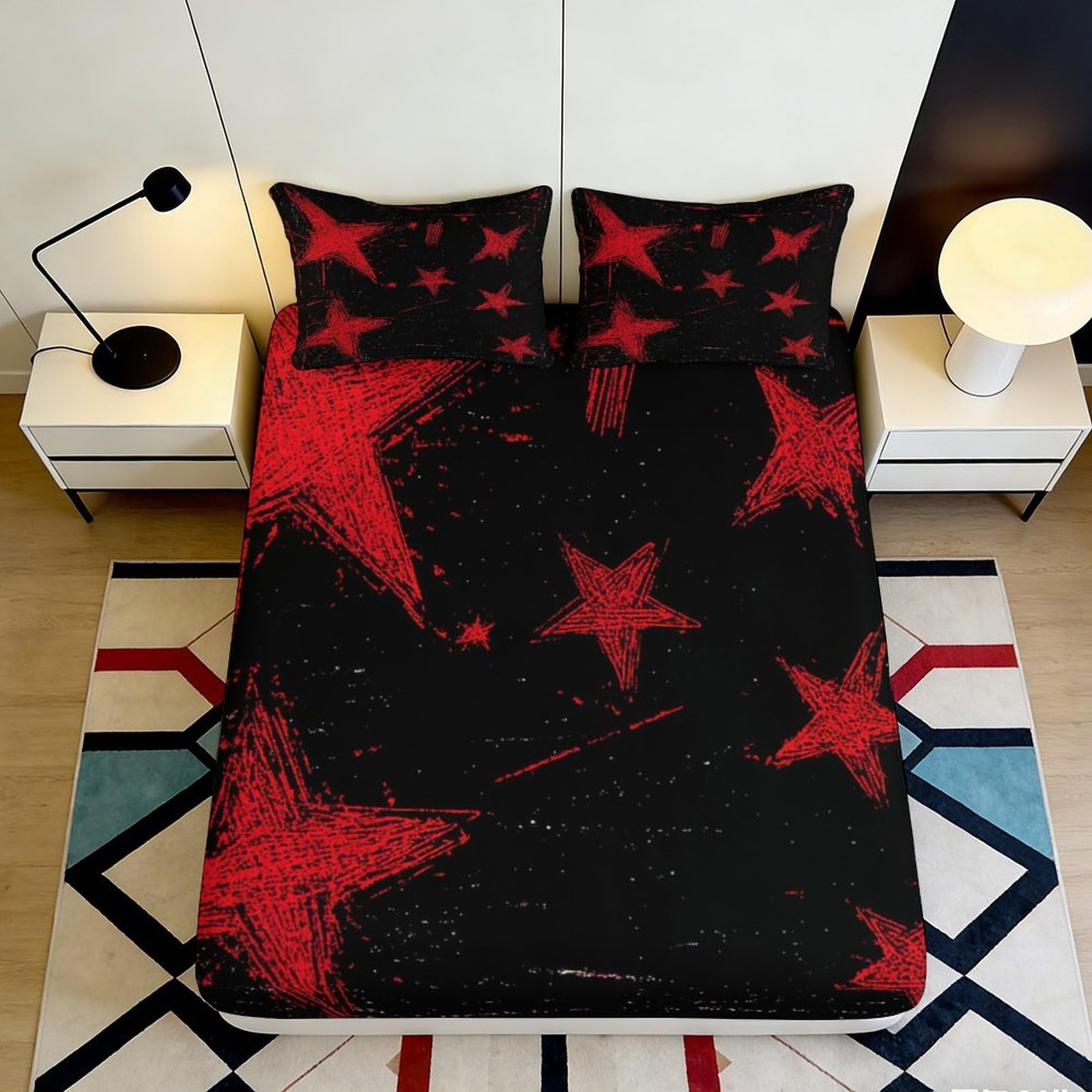 Kzqjxnhpcr Style-10 3D Printed Starry Fitted Sheet Microfiber Non-Slip Deep Pocket Bedroom Bedding Red Star Mattress Fitted Cover Elastic Washable All Ages 90X200x25cm 90X200x25cm
