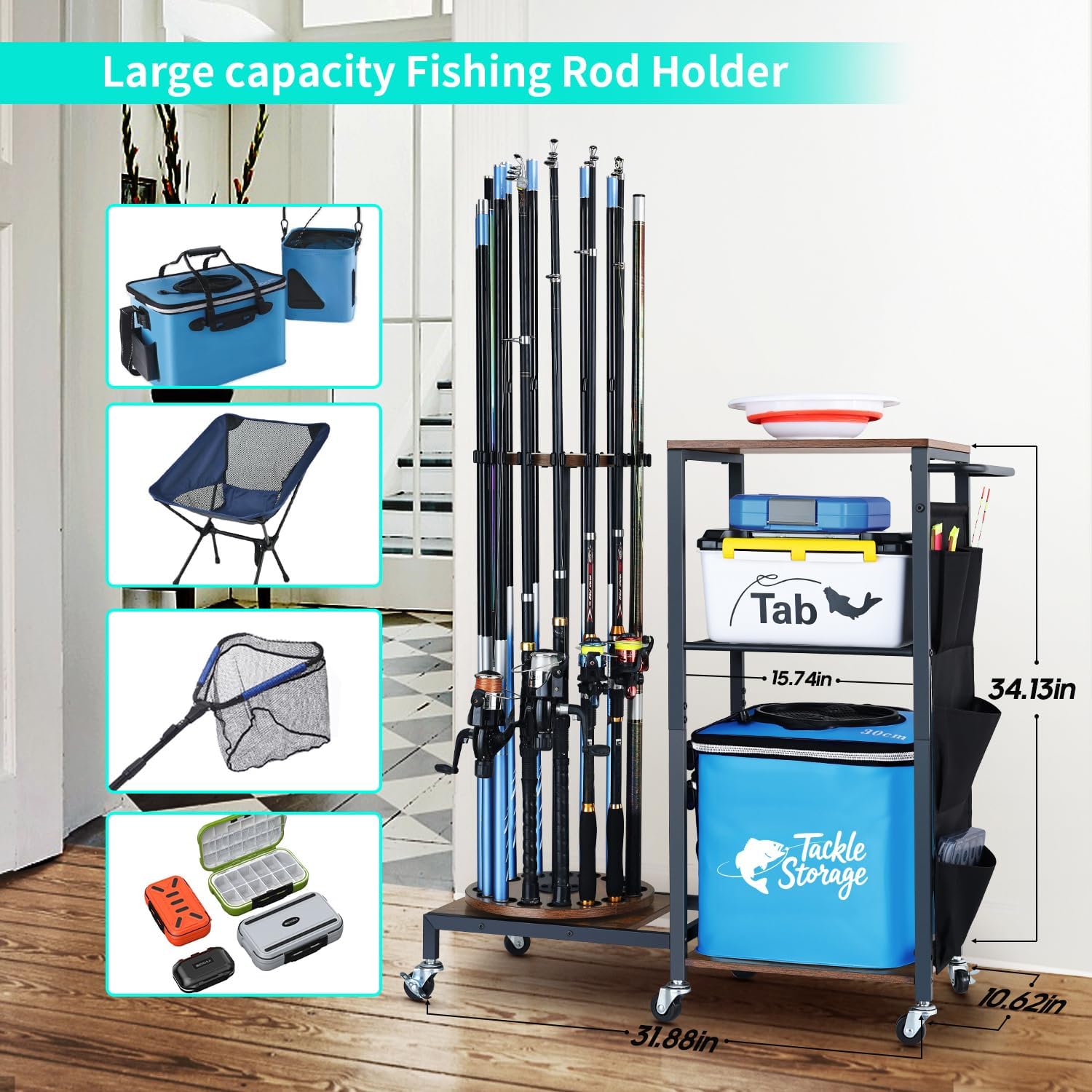 HapiRm Fishing Rod Holder for Garage - 360° Rotating Fishing Pole Rack with Wheels, Storage Organizer Cart for 12 Rods & Tackle Boxes - Space-Saving Fishing Rod Storage Stand for Men’s Fishing Gear