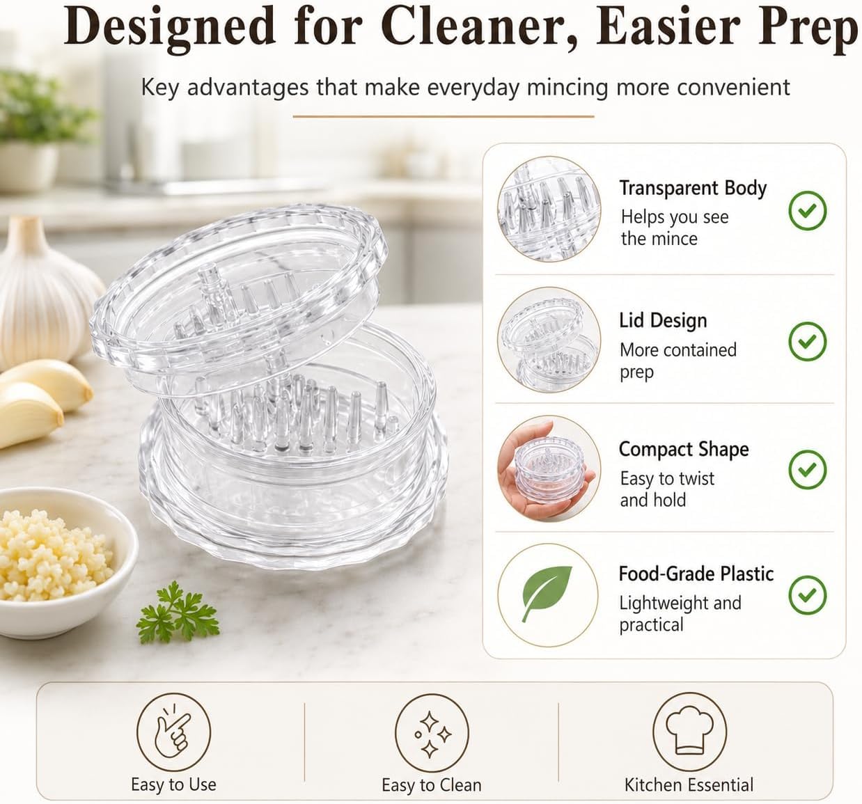 Knoblauchmühle Zerkleinerer Handheld Transparent Grinder Multifunktions-Werkzeug für Knoblauch, Zwiebel, Ingwer, Kräuter, Nüsse - 2 Stück