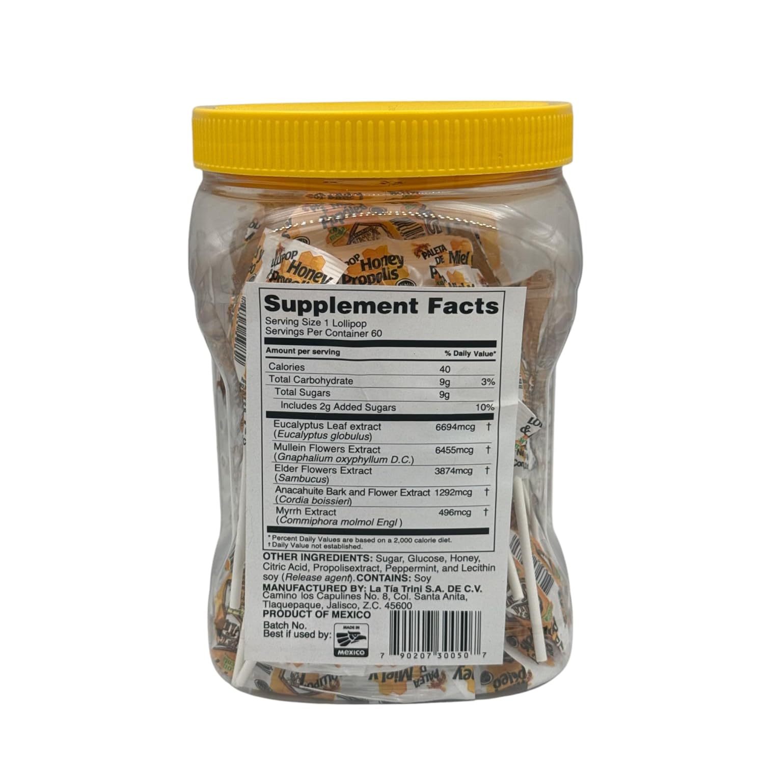 Miel y Propóleo Paleta con Menta (Honey & Propolis Lollipops w/Mint) - 60 Count - 9.5g Each - Net Wt. 19.95 oz - La Tía Trini Traditional Mexican Taste CANDY