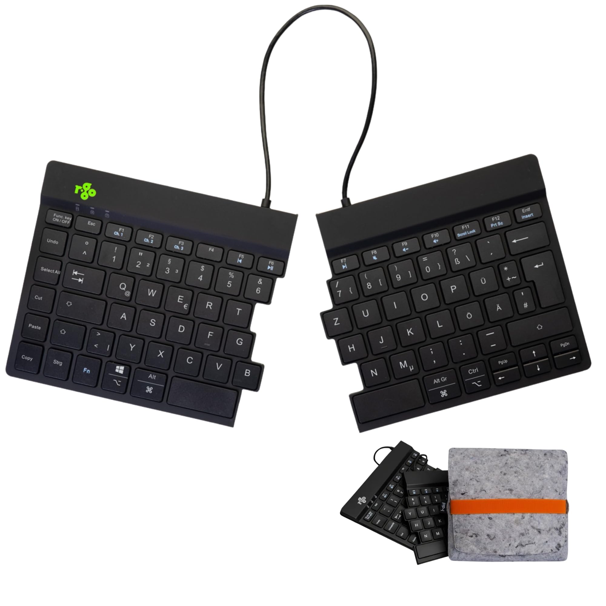 R-Go Split Break Tastatur mit Tasche - QWERTZ (DE) - Bluetooth Kabellos - Ergonomische Split-Tastatur wiederaufladbar - Filz-Etui - Anti-RSI - Schwarz