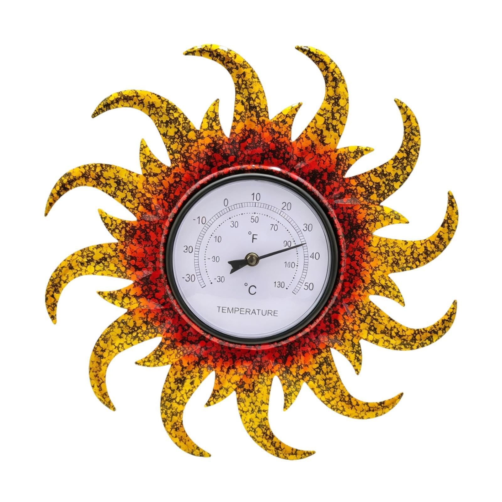 KESOTO Termometro da esterno decorativo in ferro, diametro 38 cm, ornamento decorativo da esterno a forma di girasole, termometro da parete per balcone e, a