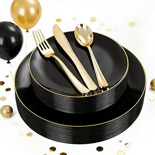 YOUBET 125PCS Black and Gold Plastic Plates - Black Disposable Plates With Gold Rim - Includes 25 Dinner Plates, 25 Dessert Plates, 75 Gold Silverware for Wedding Birthday Party & New Year