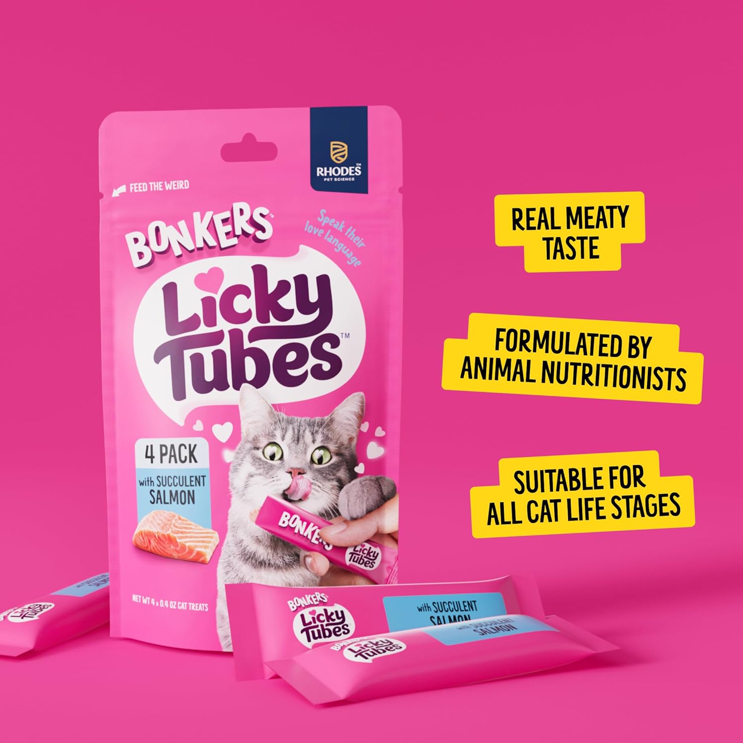 Bonkers Licky Tubes, Wet Lickable Succulent Salmon Flavor Cat Treats, Real Meat, Training or Food Topper, for All Breeds and Ages, Value Pack (15 Pack, 60 Tubes) - Product Package May Vary