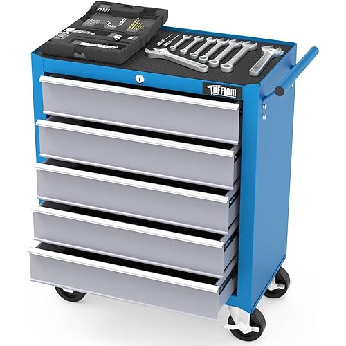 TUFFIOM 5-Drawer Rolling Tool Chest w/Drawers & Lock, Tool Storage Cabinet with Lockable Wheels, Top Cushion & Drawer Liners, Tool Organizer Box for Garage, Warehouse & Repair Shop