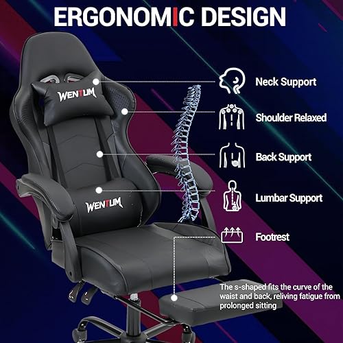 Miniatura 4 de Silla para videojuegos, silla de videojuegos con reposapiés y soporte lumbar de masaje, silla ergonómica de computadora ajustable en altura con
