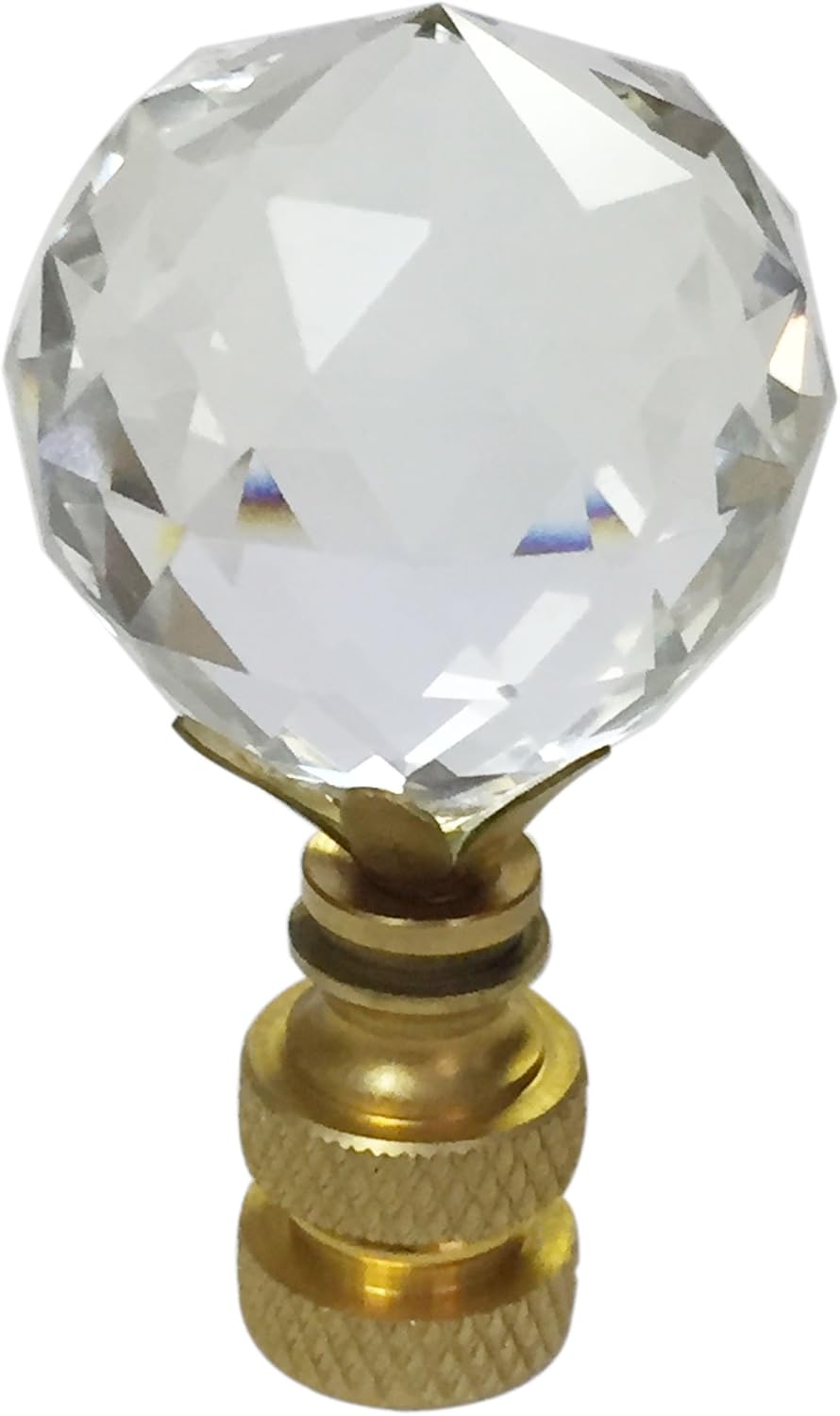 Royal Designs Large Faceted Diamond Cut Clear K9 Crystal 1.75" Lamp Finial for Single Lamp Shade, Polished Brass Base