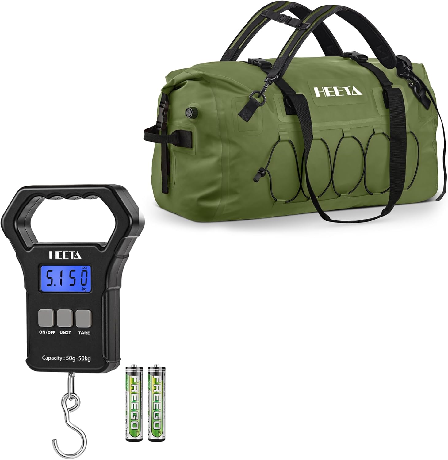 HEETA Fish Scale Up to 110lb/50kg, 2 AAA Batteries Included (Black) Bundled with Waterproof Duffel Bag Motorcycle Dry Bag (Green 60L)