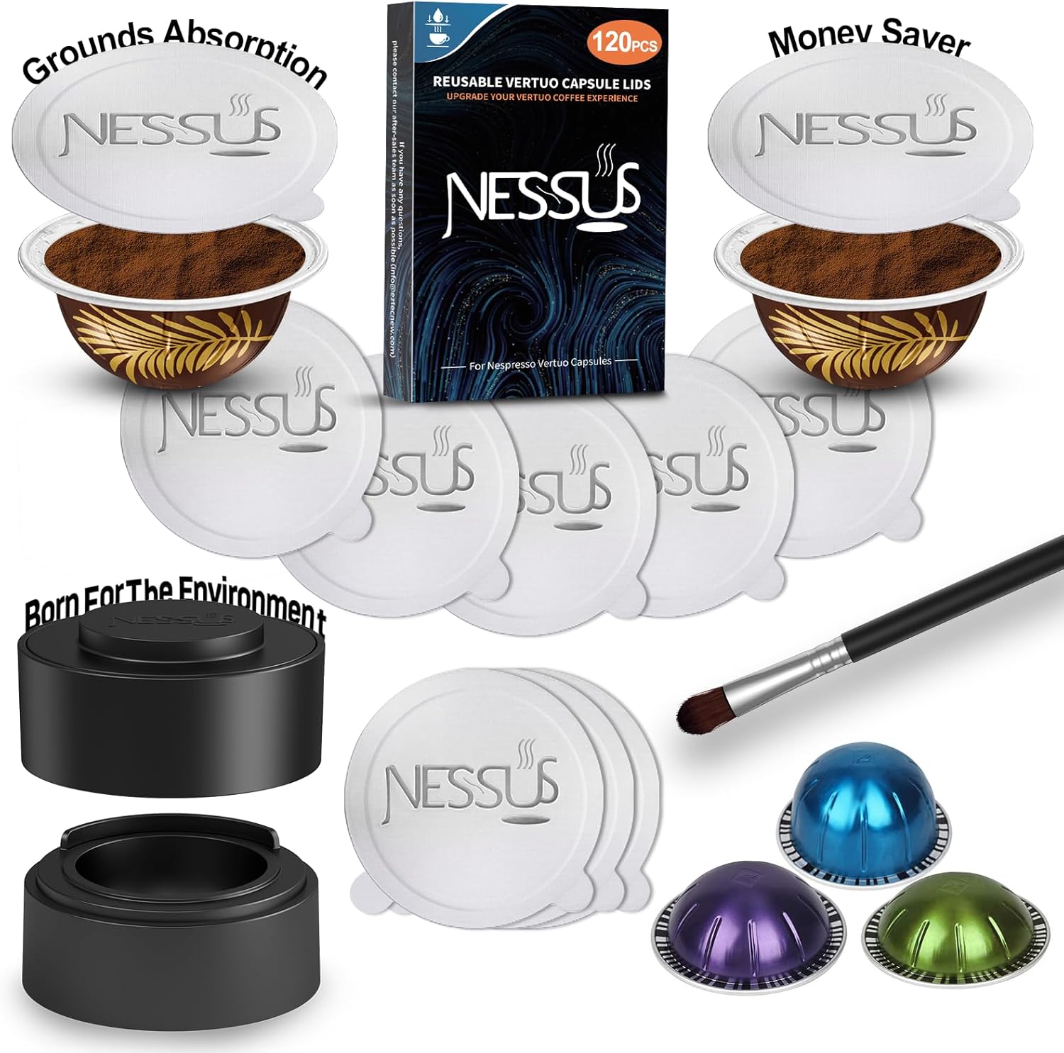 Nessus Vertuo Reusable Pods Kit and Aluminum Foils Lids, [ALSeal EZ FIT] for Nespresso Capsules Vertuoline, 50 Pcs Foils, A Holder, A brush, 120 Pcs Foil Seals