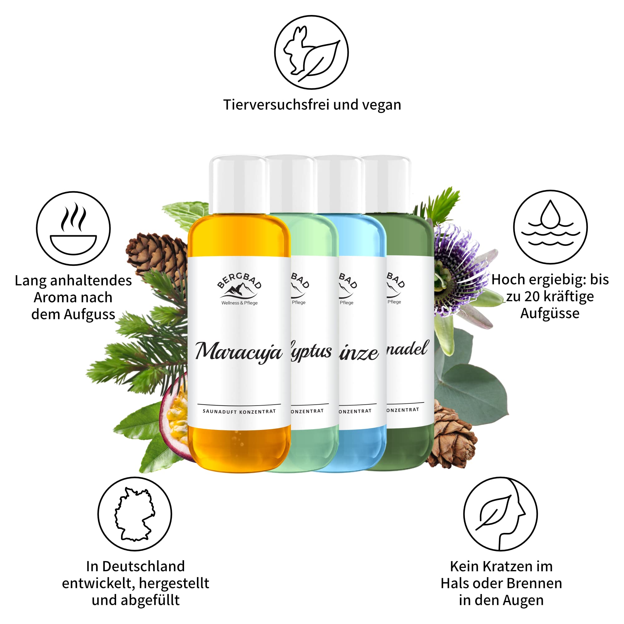 4 x 250ml Saunaaufguss, wohltuendes, erfrischendes Sauna-Aufgussmittel ohne Alkohol - kein Gefahrgut, perfekt für Reisen oder sensible wie Heimsauna Umgebung da nicht brennbar