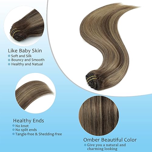 Miniatura 3 de Extensiones de cabello humano real con pinzas, balayage, color marrón chocolate a rubio sucio, mezcla de marrón, 14 pulgadas, 3.53 oz, 10 unidades