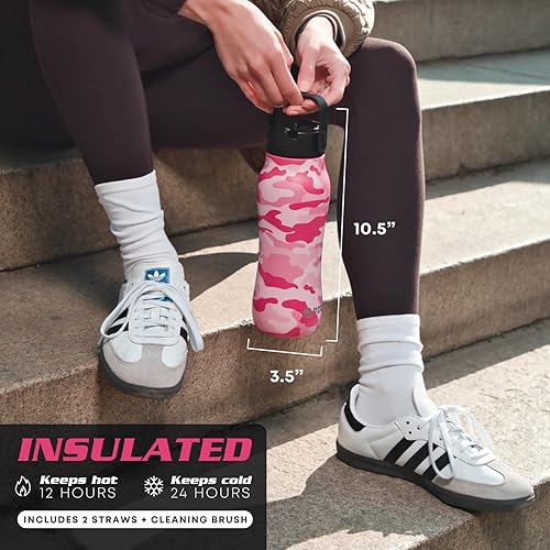 Miniatura 4 de Botella de agua de acero inoxidable con popote  24 onzas  Botella de agua deportiva aislada para bebidas calientes y frías  Tapa de boquilla y