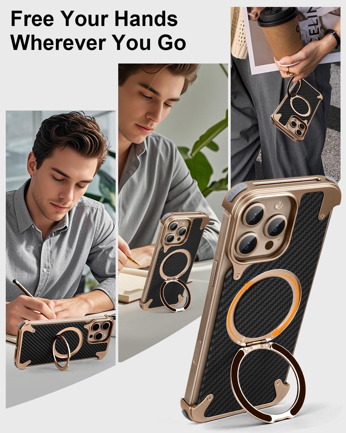 OATSBASF Frameless for iPhone 16 Pro Max 6.9" Case, Sleek Minimalist Protective Shock Absorption Aerospace Grade Shells with 360° Rotating Kickstand, Desert Titanium