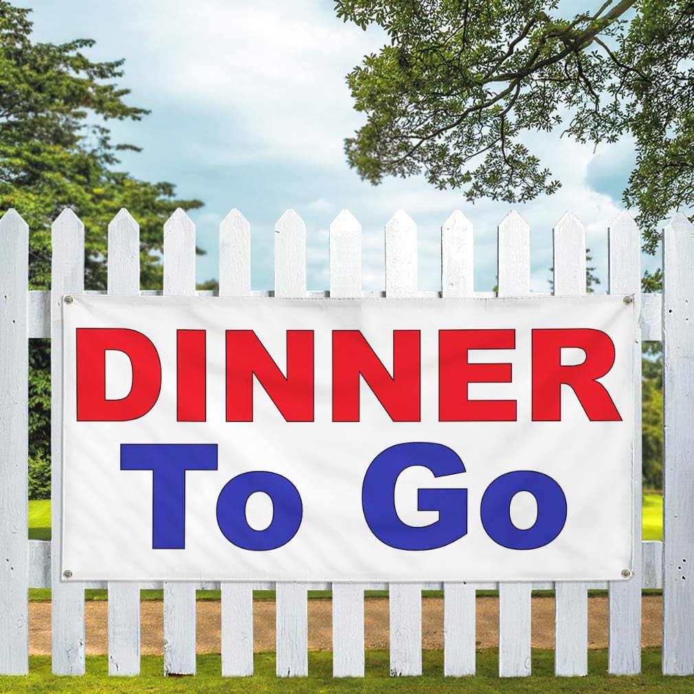 Vinyl Banner Multiple Sizes Dinner to Go Red Blue Food Bar Restaurant Truck Restaurant & Food Outdoor Weatherproof Industrial Yard Signs 4 Grommets 16x40Inches