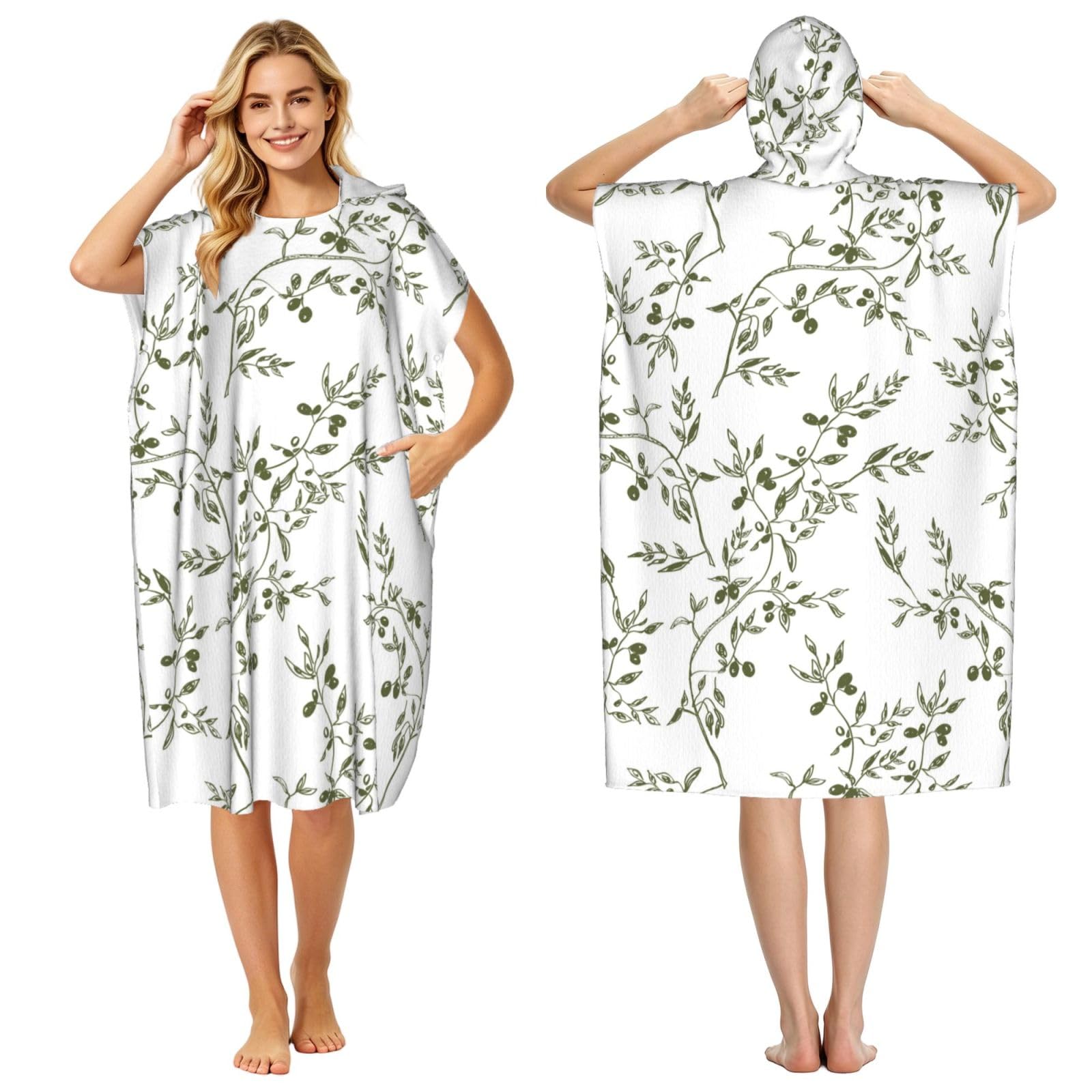 Poadnly Olive Branch Hand Drawn Food And Drink, Adult Hooded Beach Towel 90 x 110 cm,Changing Bath Robe, Surf Poncho Towel For Women Men