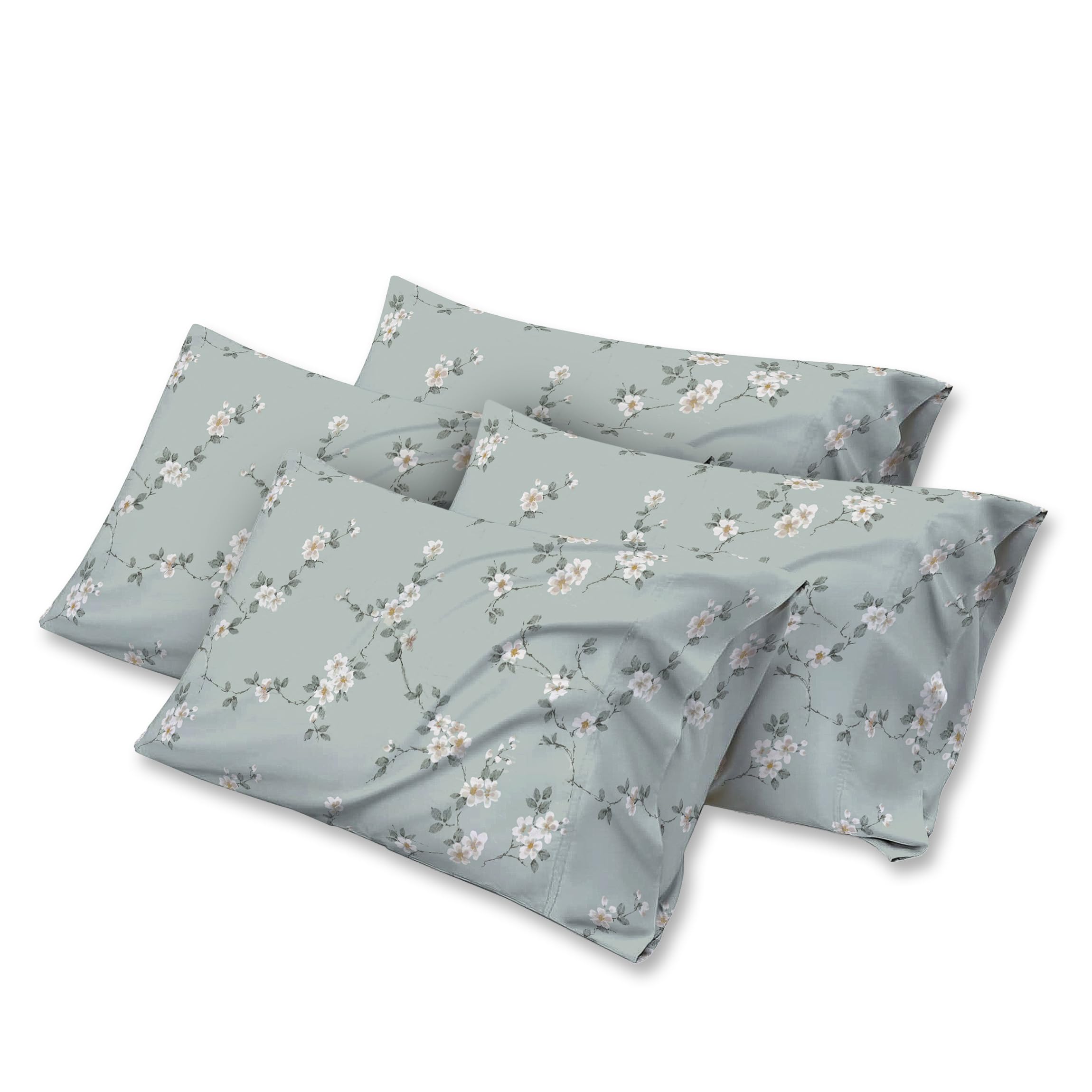Danydude Mint Bloom 100% Egyptian Cotton Pack Of 4 Pillow Covers 400 Thread Count Floral Printed Pillow Cases 4 Pack