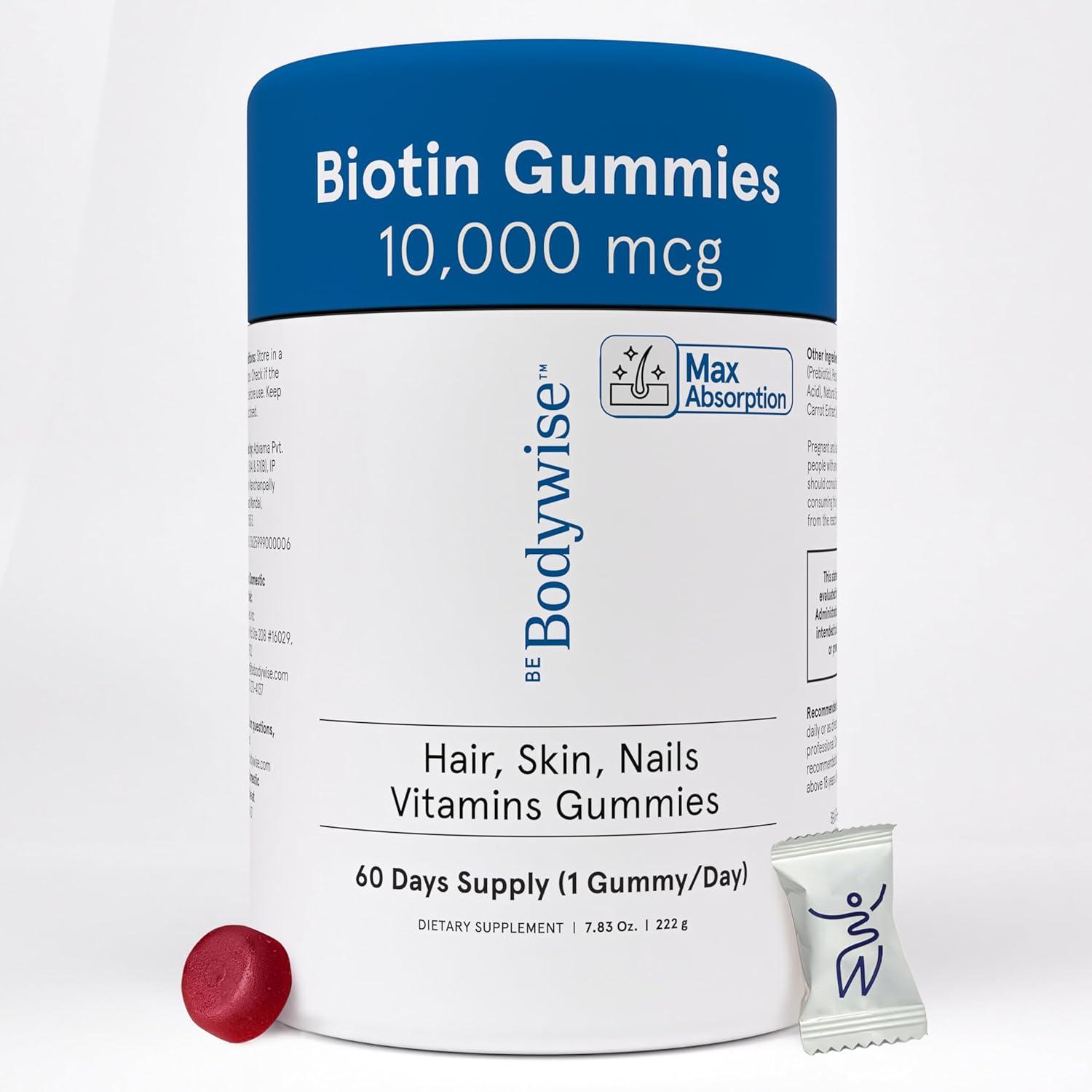 Be Bodywise Biotin 10000mcg Gummies | Hair Nail and Skin Vitamins | Biotin for Hair Growth for Women | Refined Sugar Free | 60 Day Pack (1 Gummy/Day) | Max Absorption