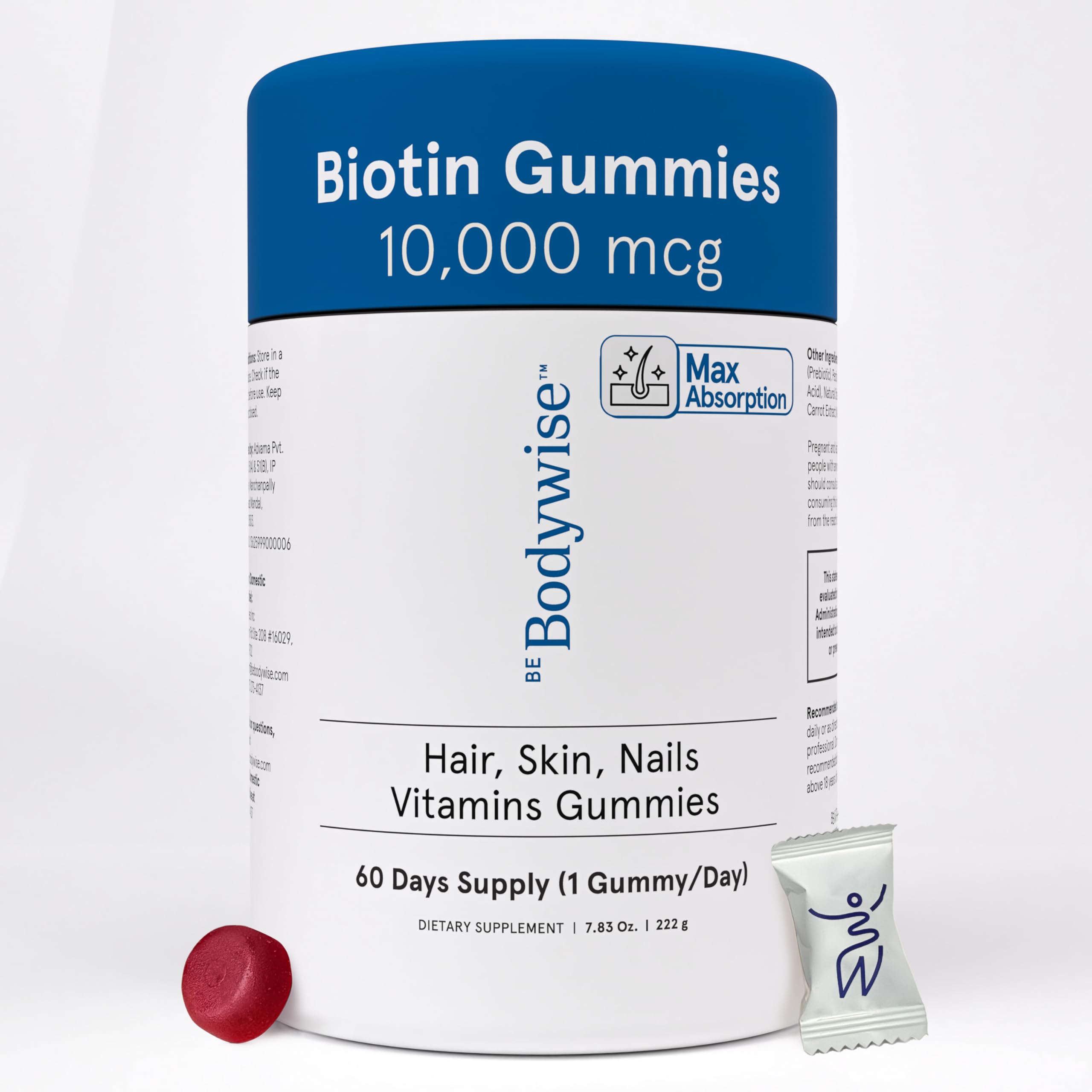 Be Bodywise Biotin 10000mcg Gummies | Hair Nail and Skin Vitamins | Biotin for Hair Growth for Women | Refined Sugar Free | 60 Day Pack (1 Gummy/Day) | Max Absorption 10,000 Mcg