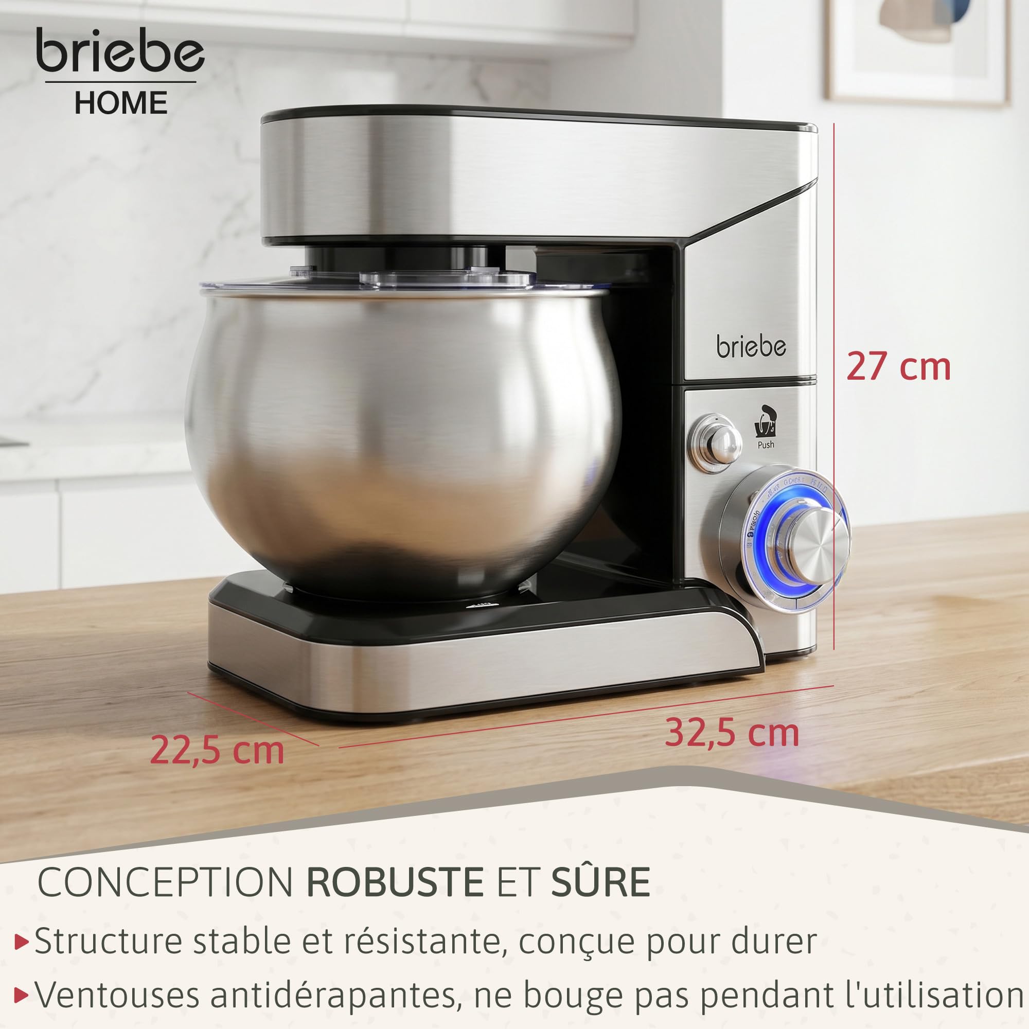 briebe Robot Pâtissier Professionnel, Boulangerie 1800W MAX Cuisine Ménager Multifonction Mouvement Orbital, Fouet, Bol 5 L, 6 Vitesses + Fonction Pulse, Inox KM1114