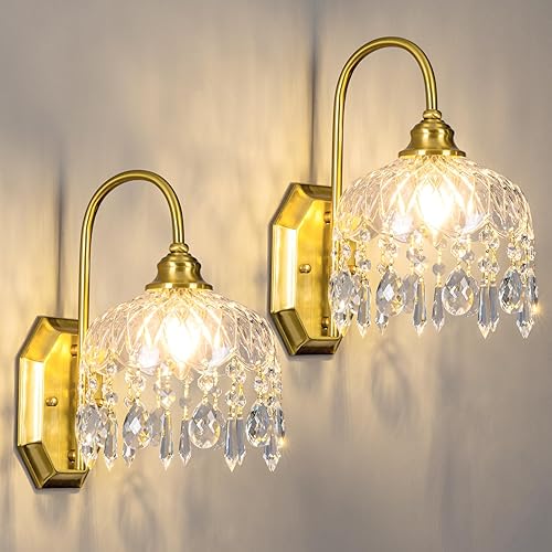 Miniatura 1 de Juego de 2 apliques de pared vintage, apliques de pared de cristal de cristal, acabado de latón antiguo cepillado mate, juego de dos para