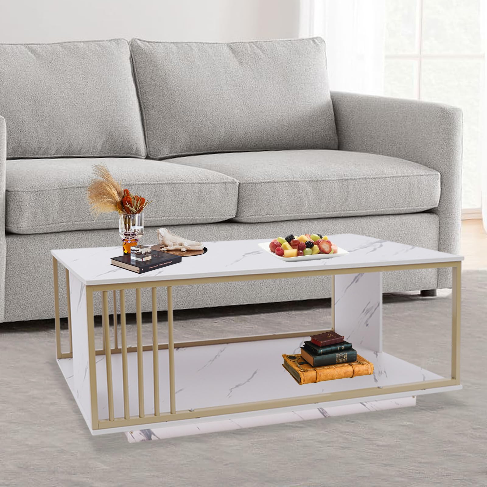 Faux Marble Coffee Table, 2-Tier Modern Faux Marble Accent Table, White Marble Coffee Table, Modern Gold Rectangular Coffee Table with Faux Marble Top for Living Room, Bedroom