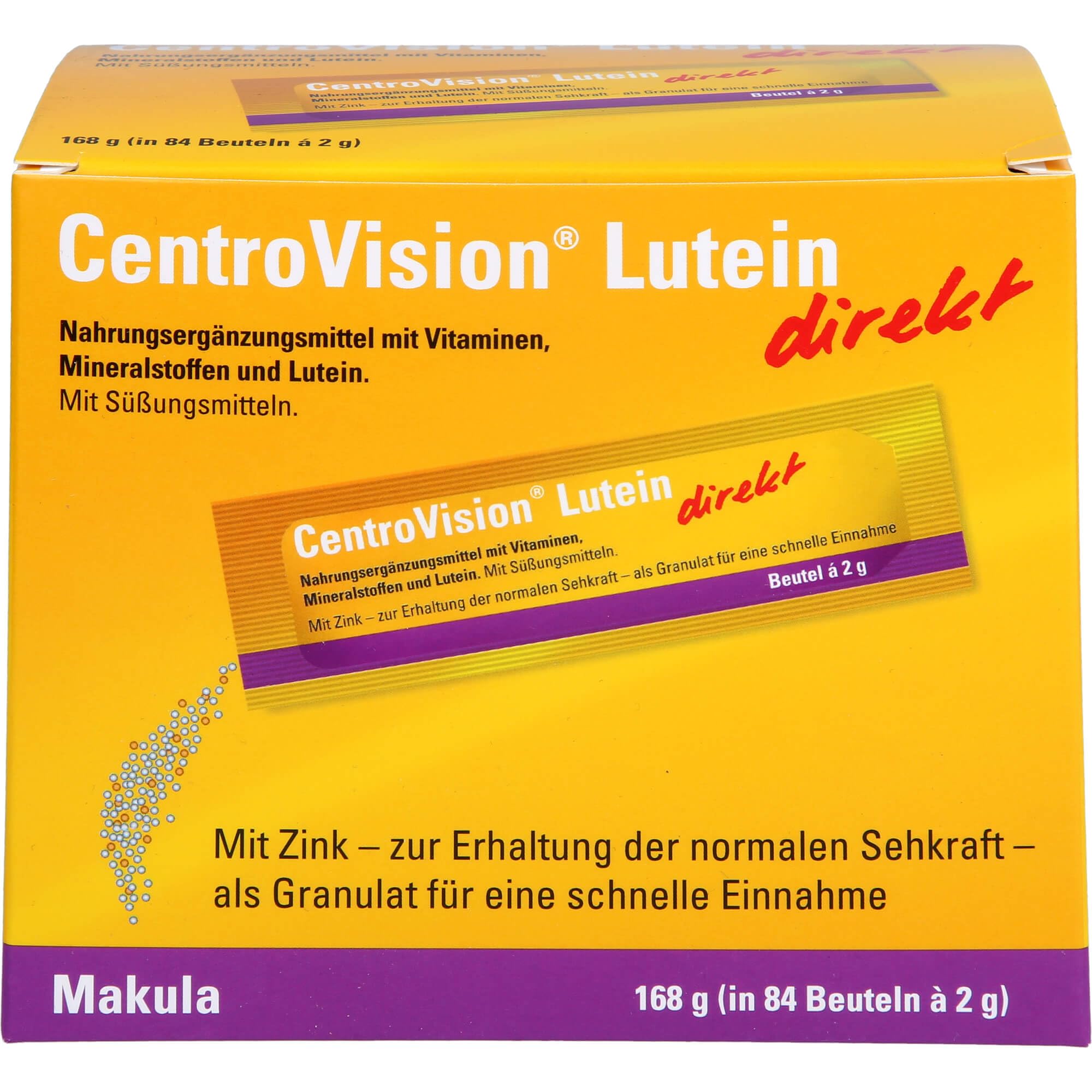 CentroVision Lutein direkt – Granulat mit einer Mikronährstoffkombination aus Lutein und Zeaxanthin, Nahrungsergänzung für die Augen mit essentiellen Vitaminen & Mineralstoffen, laktosefrei, 84 St.