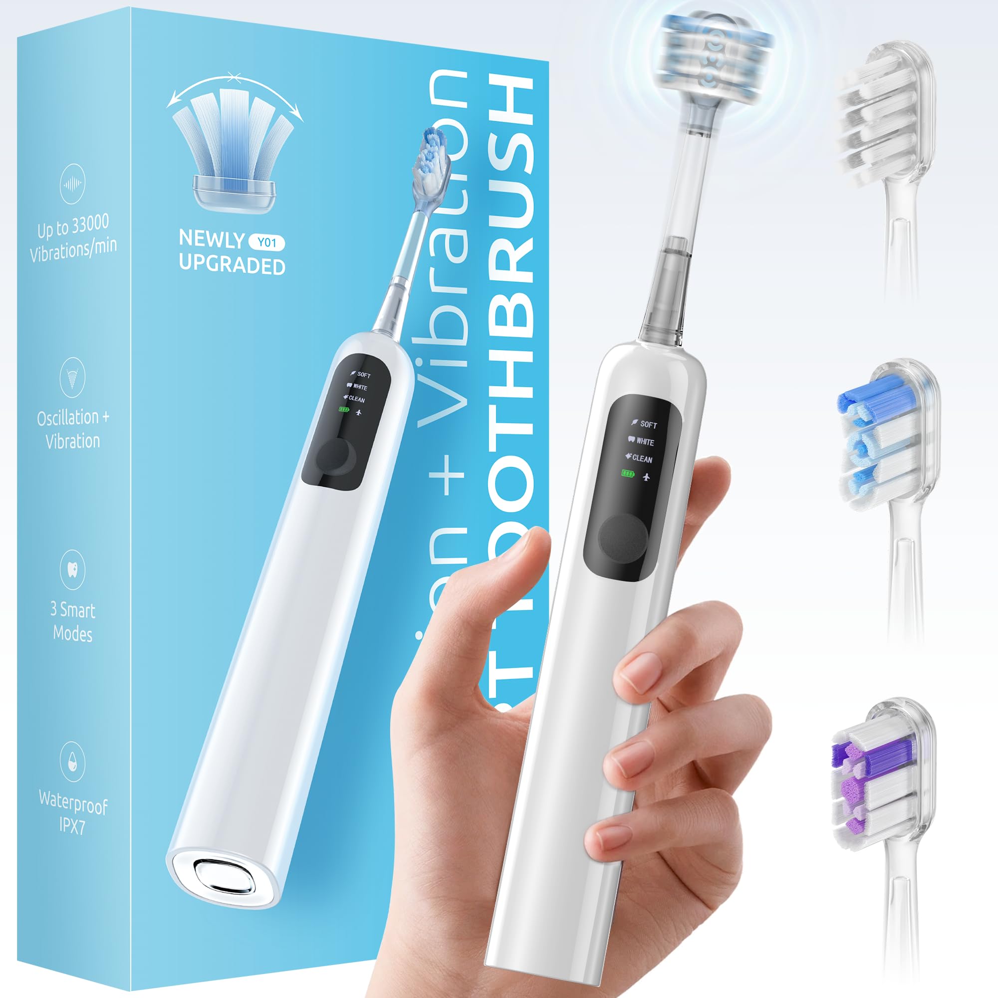 SYNHOPE 60° Oszillierende Schallzahnbürste – 33.000 U/min Power Clean, einzigartiger 60°-Schwingbereich, 3 Bürstenköpfe, IPX7 wasserdicht – Zahnaufhellung und Zahnfleischgesundheit (WEISS)