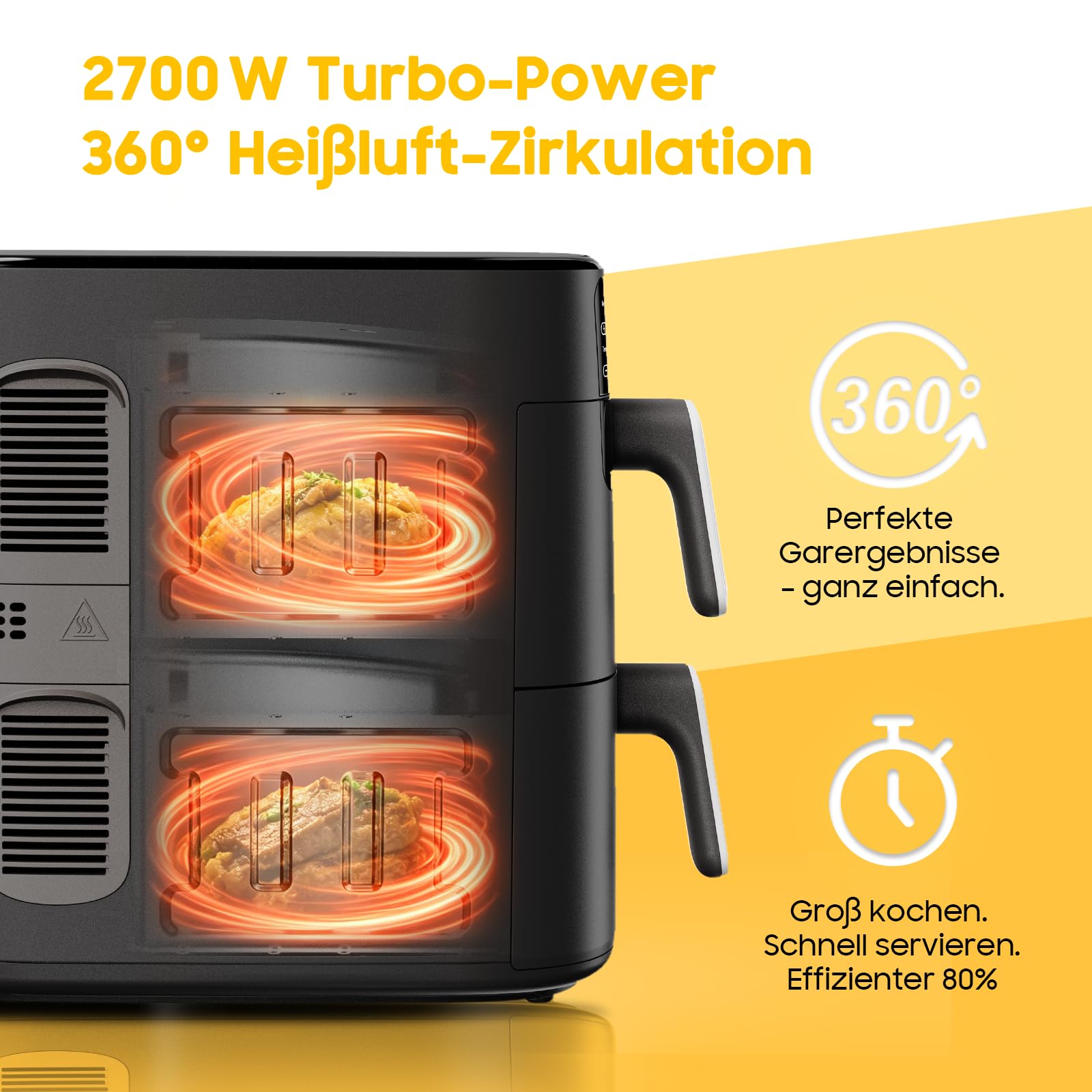 Airfryer 10L Double Stack - 2700W Heißluftfritteuse 2 Kammern, XXL Heissluftfritteuse mit vertikale Doppelkammer, 6-in-1-Funktionen, Max 230°C, PFAS-frei, Spart 50 Prozent Platz, Rezeptbuch
