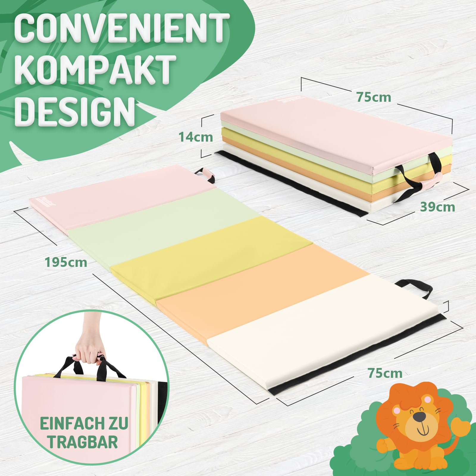 PhysKcal Tapis de gymnastique pliable à 5 panneaux avec poignées | 195 x75 cm. Rembourrage épais. Tapis de sport idéal pour yoga, pilates, gymnastique, tumbling à domicile.