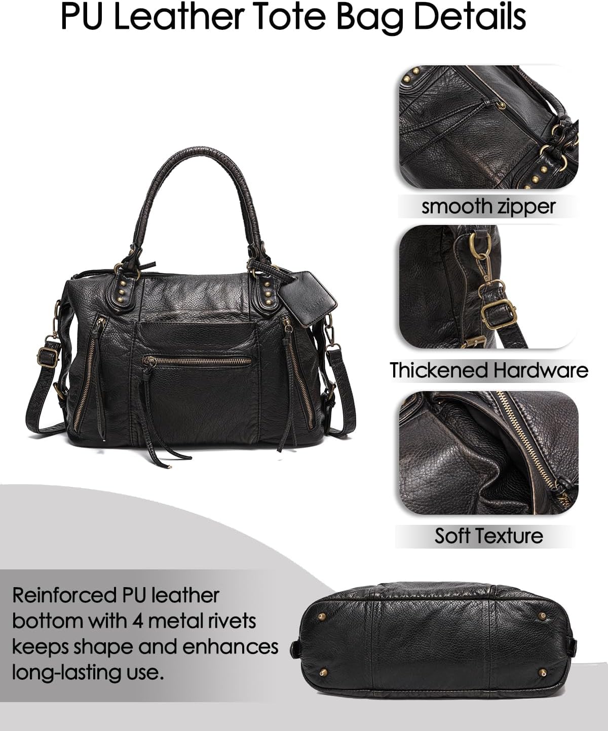 Vegan Leather City Tote Bag for Women, Vintage Y2K Purse, Large Shoulder Handbag with Zipper, Crossbody Hobo Bags - Image 6