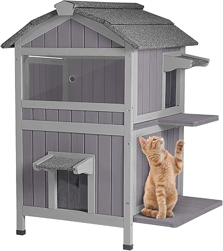 Aivituvin Casa para gatos al aire libre resistente a la intemperie, refugio para gatos con puertas de escape, condominios para gatos de 2 pisos con