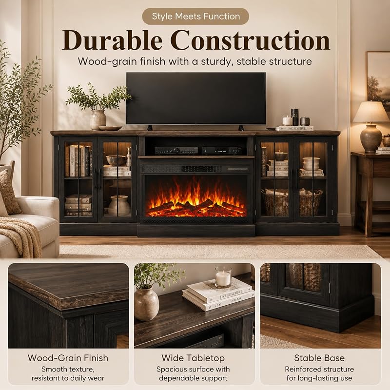 Black 98" Farmhouse TV Stand with 36" Fireplace for Living Room,Media Entertainment Center with Adjustable Shelves and Large Storage Cabinets, TVs up to 100" image 6