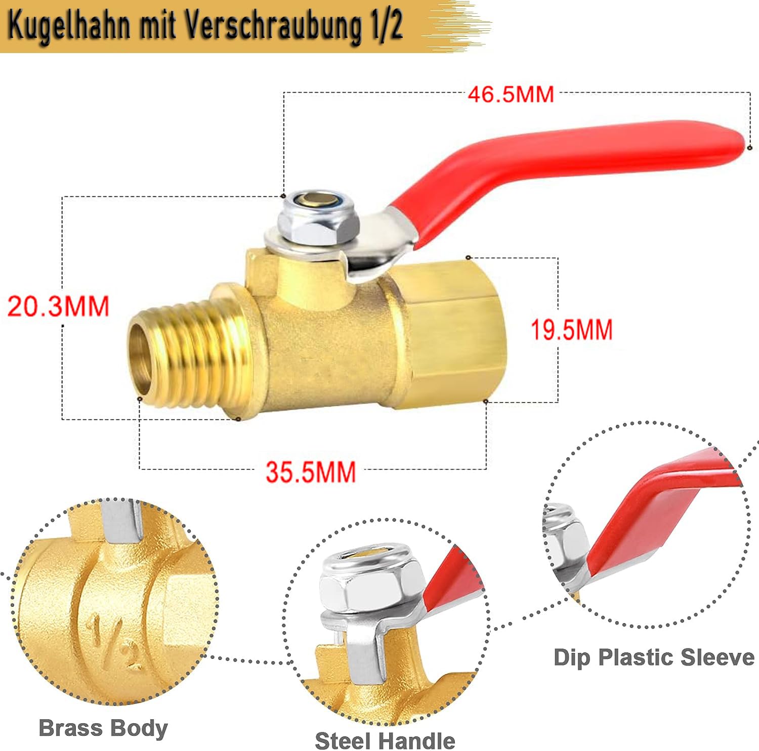 2 sztuki Zawór Kulowy 1/2 cala z mosiądzu, zawór kulowy z 1/2 cala męski x żeński, zawór odcinający wodę z uchwytem, czerwony do rur wodnych/kranów