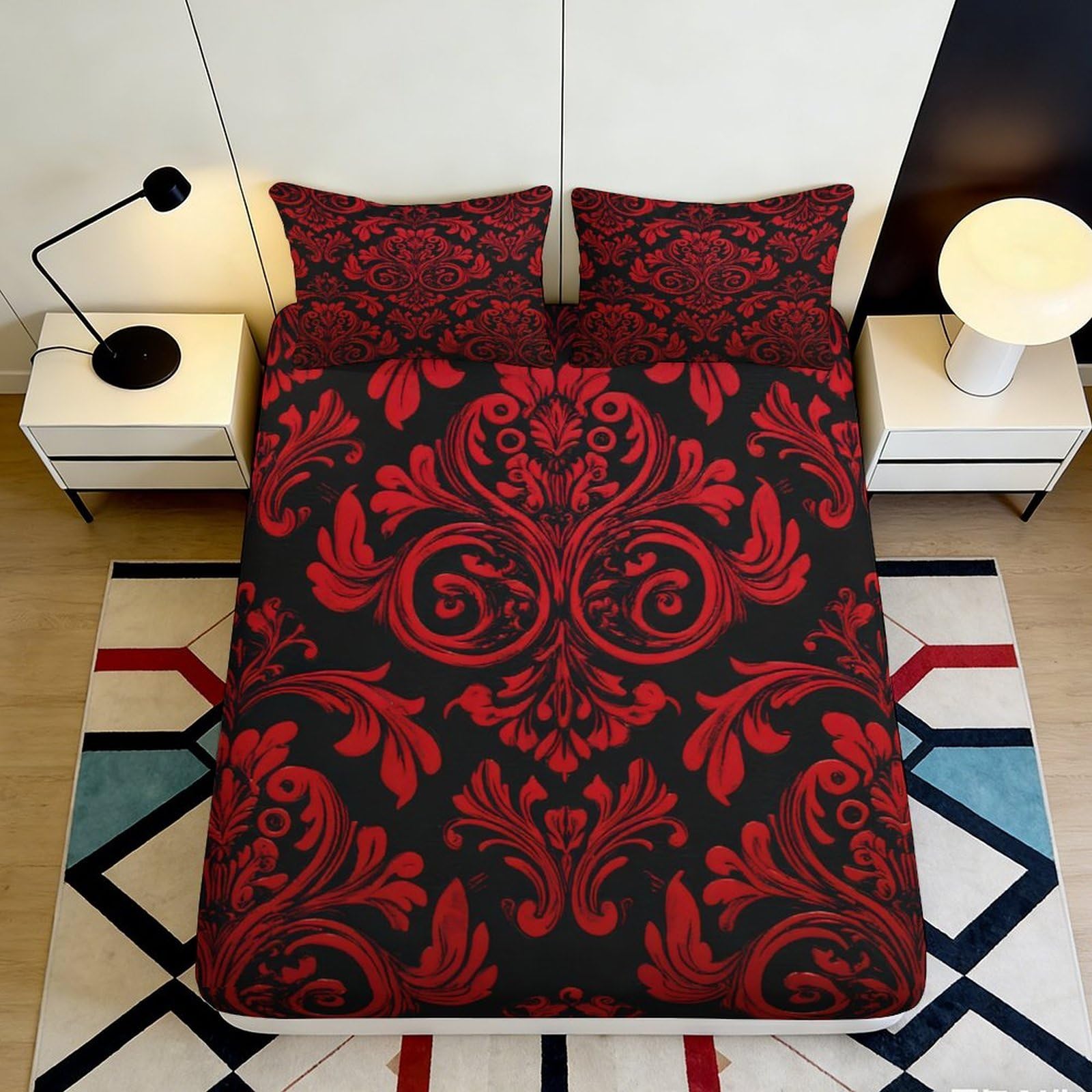 Pnayamiorkfel Style-10 3D Printed Baroque Red Black Fitted Sheet Microfiber Non Slip Mattress Cover For Bedroom Guest Room Easy Care Decor 90X200x25cm