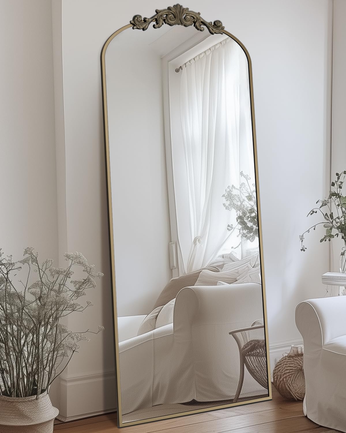 antok arched full length mirror, 65"x24" floor mirror with carved, full body mirrors for homedecor, standing/halling large wall mirror for bedroom, living room, cloakroom, bronze, retro style