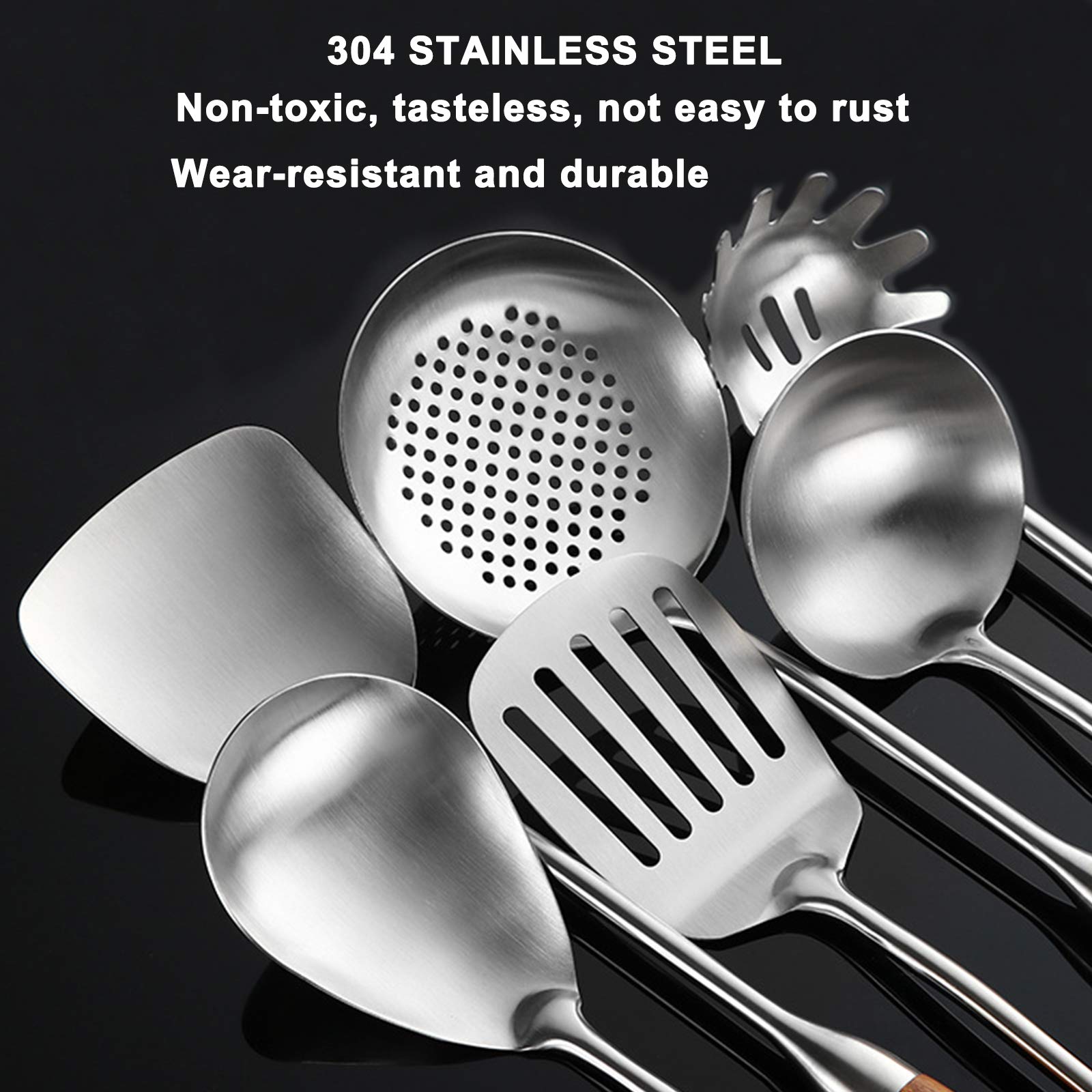 6Pcs 304 Edelstahl Küchenhelfer Set mit StäNder, Skimmer Schlitzlöffel, Servierlöffel, Schlitz Turner, Turner, Spaghetti Server, Suppenkelle, Hitzebeständiger Holzgriff
