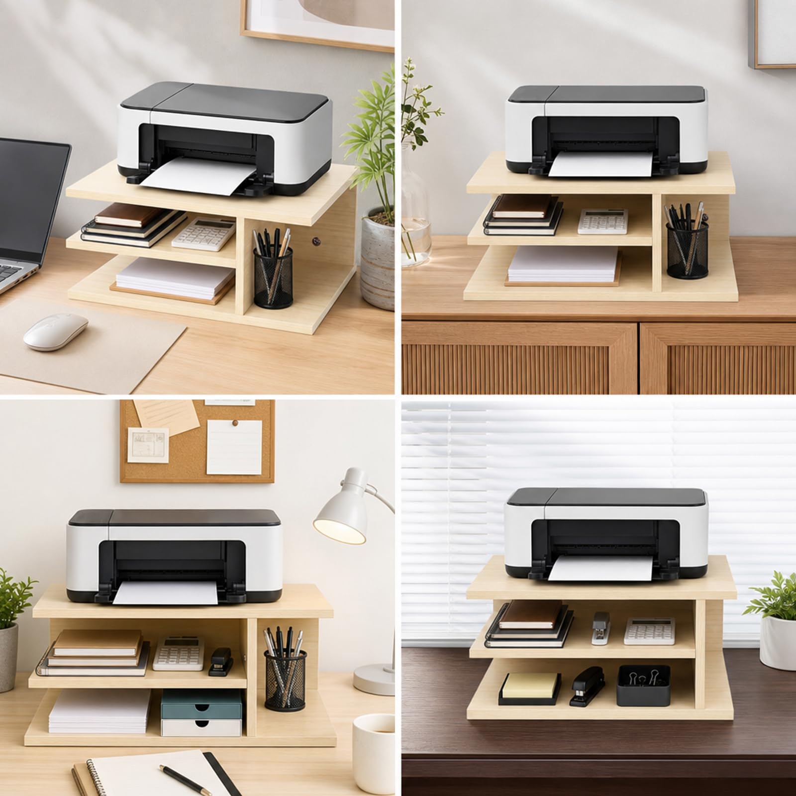 Supporto per stampante da scrivania, organizer a 3 scomparti per stampanti e forniture per ufficio, salvaspazio e stabile, per home office e piccoli spazi, 40 x 30 x 17 cm, effetto legno