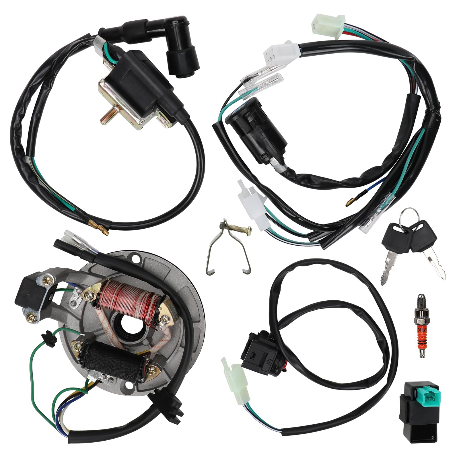 Bobina de Encendido CDI Bujía Cable Arnés Magneto Estator Kit, Magneto Estator Eléctrico Arnés de Cableado Relé Solenoide para 50cc -140cc Kick Start Dirt Pit Bike ATV