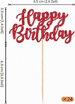 Pack of 24 Happy Birthday Cupcake Toppers Birthday Cake Decoration Glitter Happy Birthday Cake Decoration for Baby Shower Children Party Cake Decorations Red