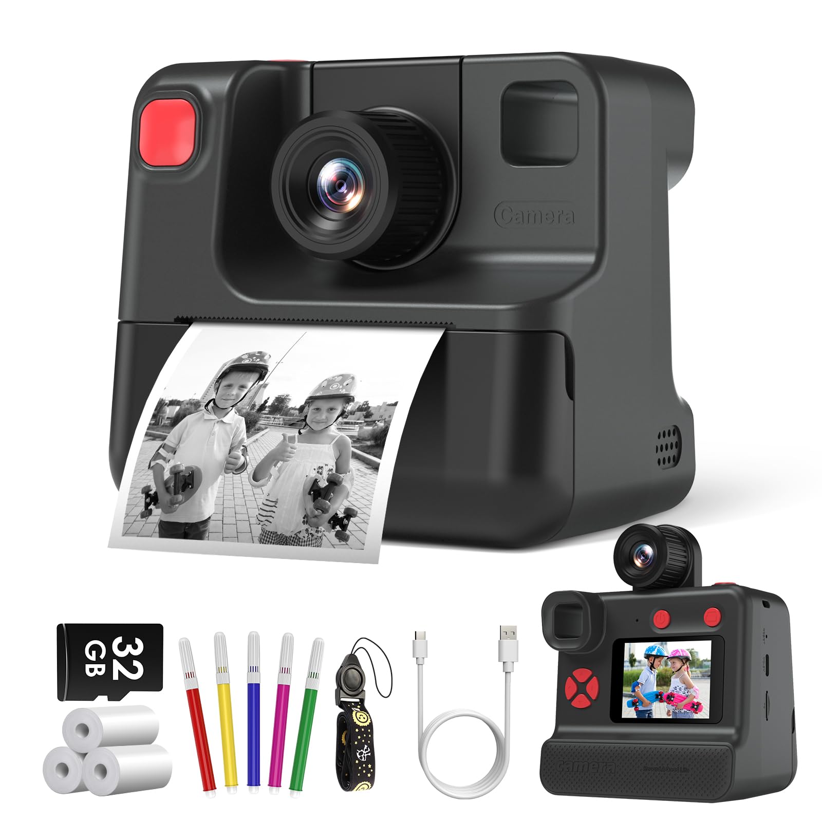 GREENKINDER Macchina Fotografica Bambini Istantanea, 1080P Macchina Fotografica Bambini con Lente 180° Flip, Scheda 32GB & Carta da Stampa, Regali di Natale Compleanno per 3-12 Ragazze Ragazzi