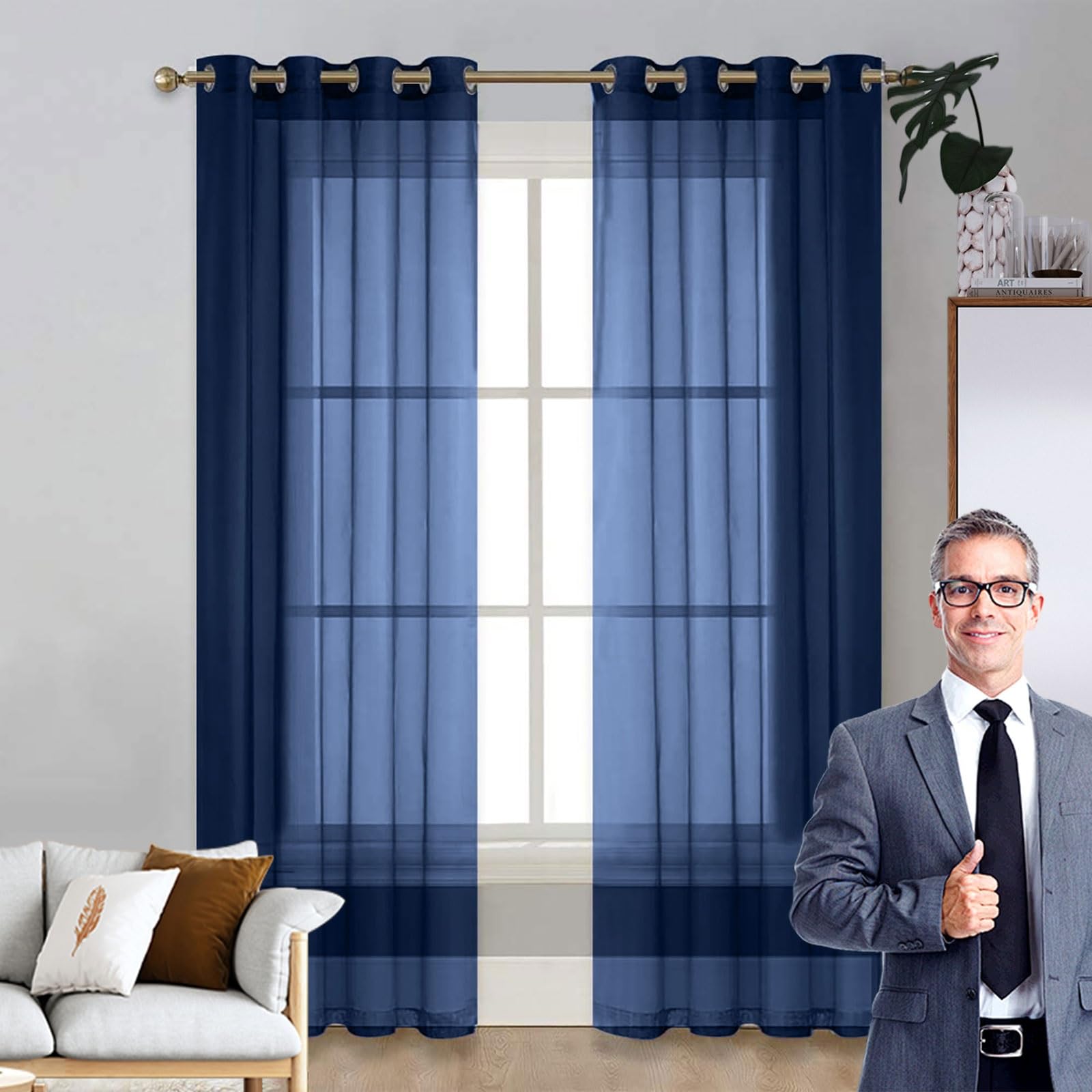 LIUNADM Window Treatments Volile Curtain for Bedroom 150 x 185 cm Black Out Thermal, Room Darkening Black Out Thermal Ring Top Curtain Window Dressing for Living Room Bedroom Kitchen, Navy Blue