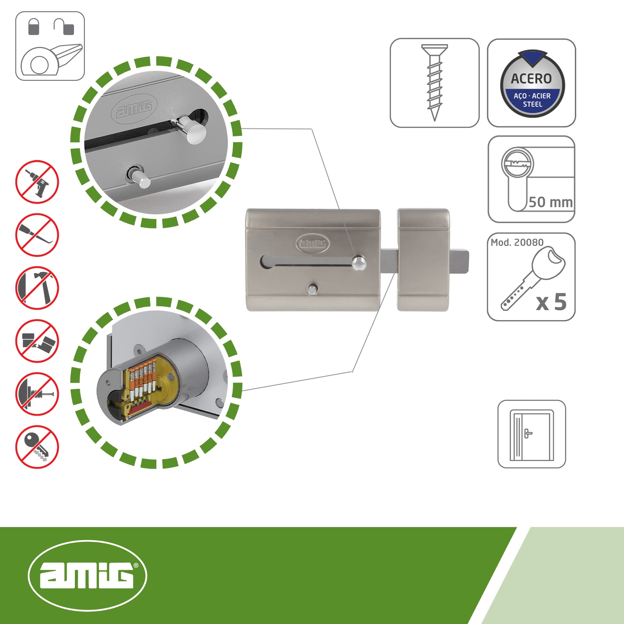 Amig - Serratura da sovrapposizione ad alta sicurezza per porte in legno | Mod. 15 PLUS | 98 x 77 mm | con cilindro rotondo di sicurezza e chiavistello | acciaio argento