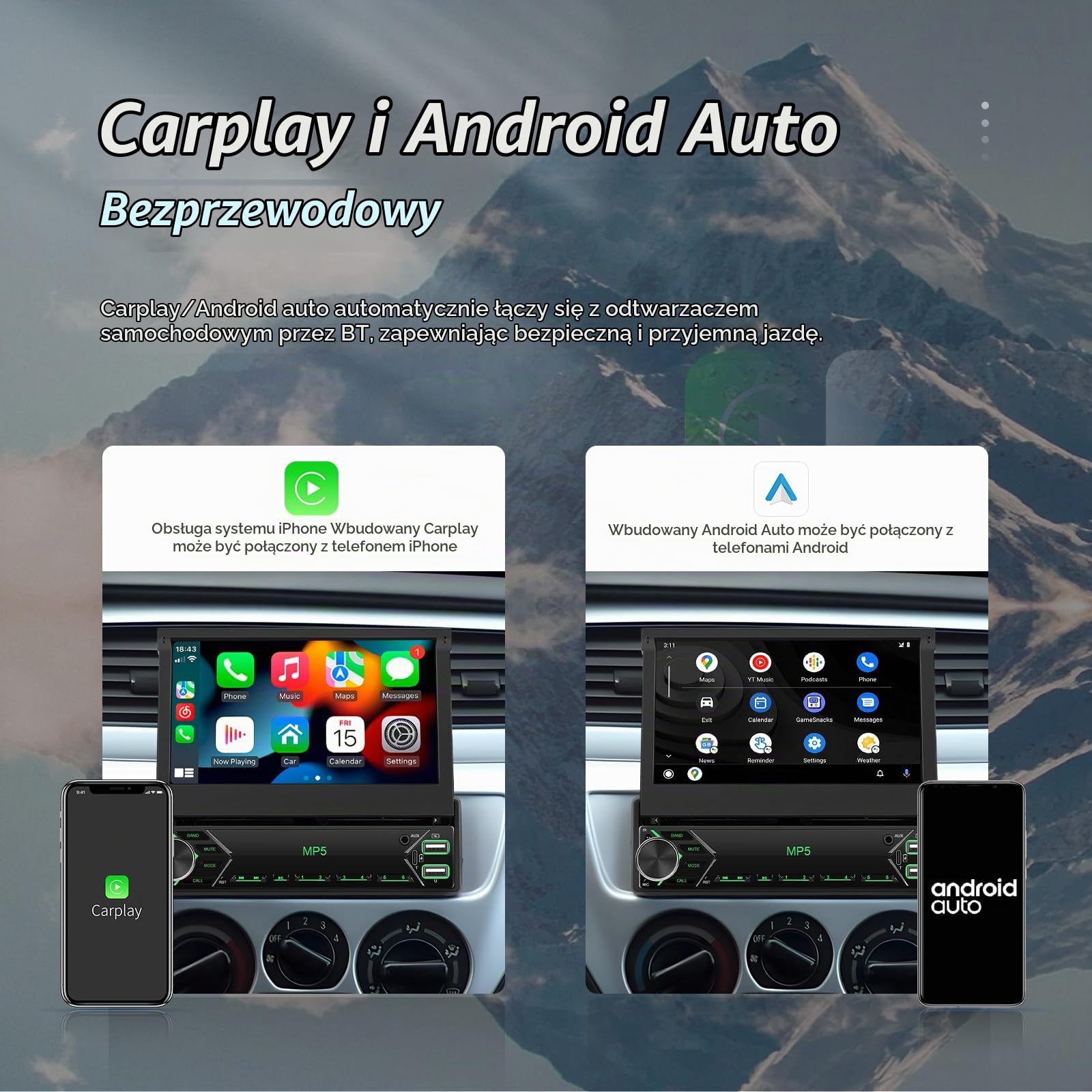 [Bezprzewodowe uaktualnienie] Odtwarzacz samochodowy CAMECHO 1 DIN z CarPlay i Android Auto, ekran 7-calowy teleskopowy, Bluetooth do rozmów bez rąk, ładowanie USB-C, wejścia USB/AUX/FM