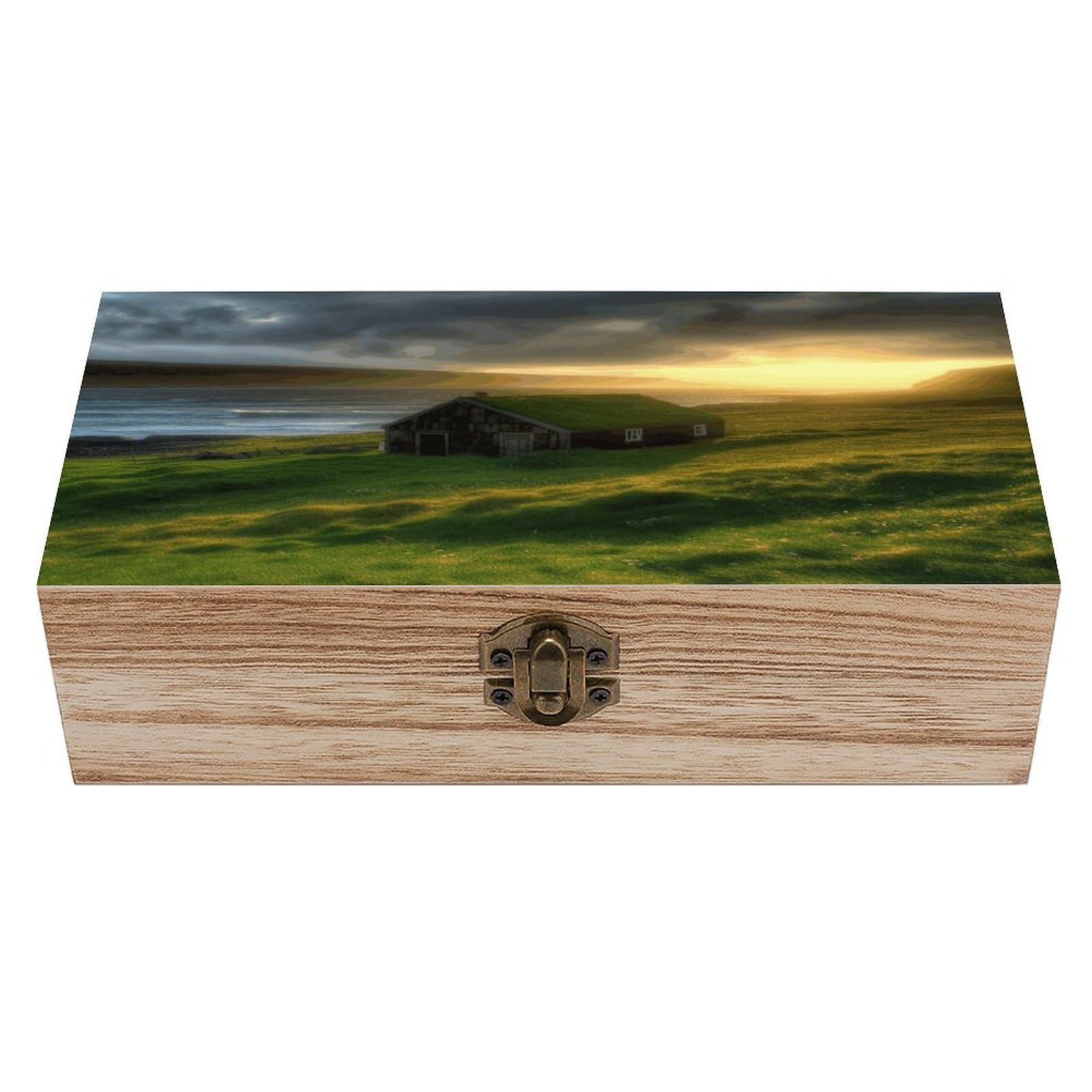 Btcowzrv Style Iceland Hut Grass Coast Sea Sun Rays Wooden Storage Box, Keepsake Box With Hinged And Retro Lock, Wood Jewelry Organizer For Photos & Mementos And Home Decor