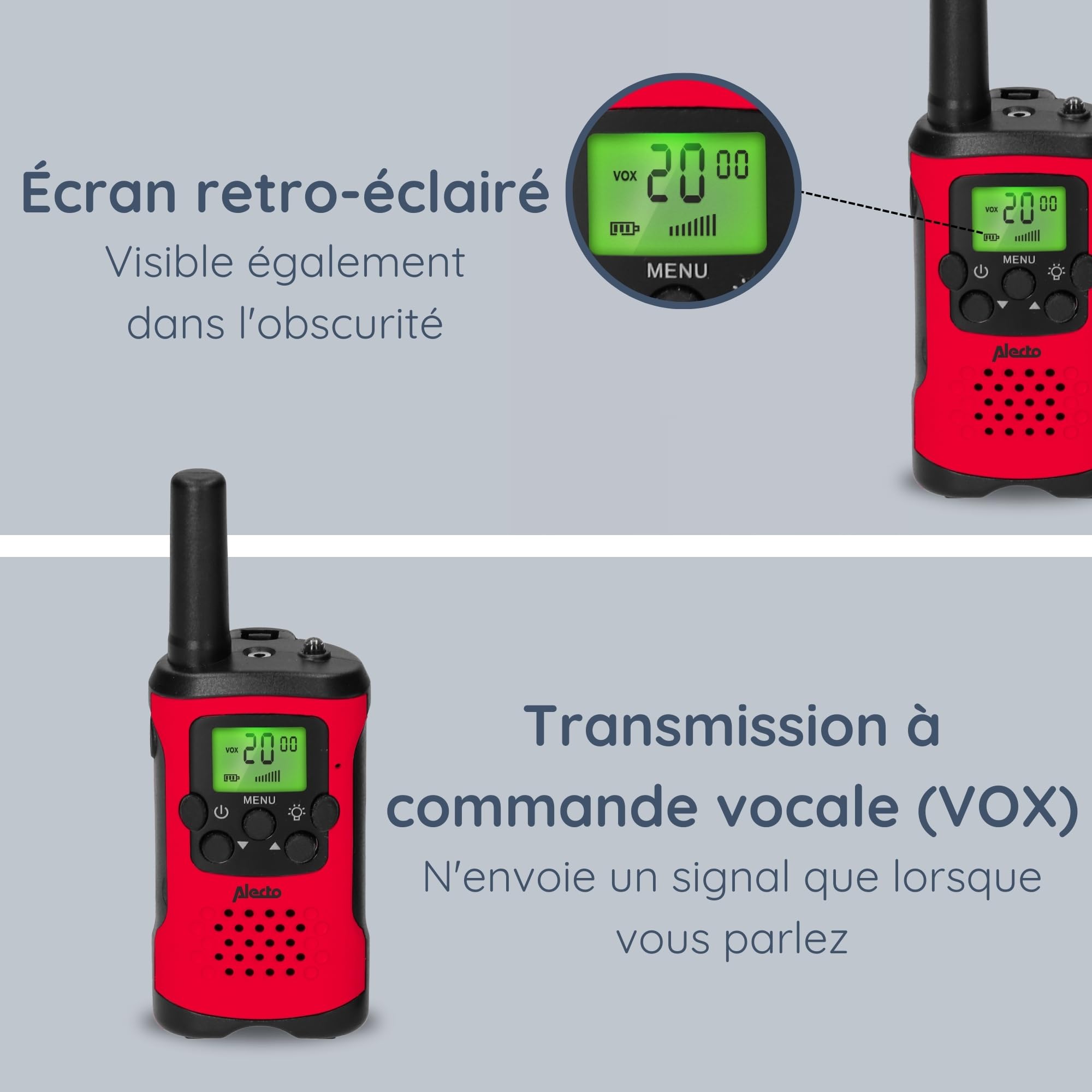 Alecto FR-115RD - Lot de Deux talkies Walkies pour Enfants - Talki Walki avec portée jusqu'à 7 kilomètres - Walky Talky 8 canaux - Lampe de Poche intégrée - Écran éclairé - Rouge